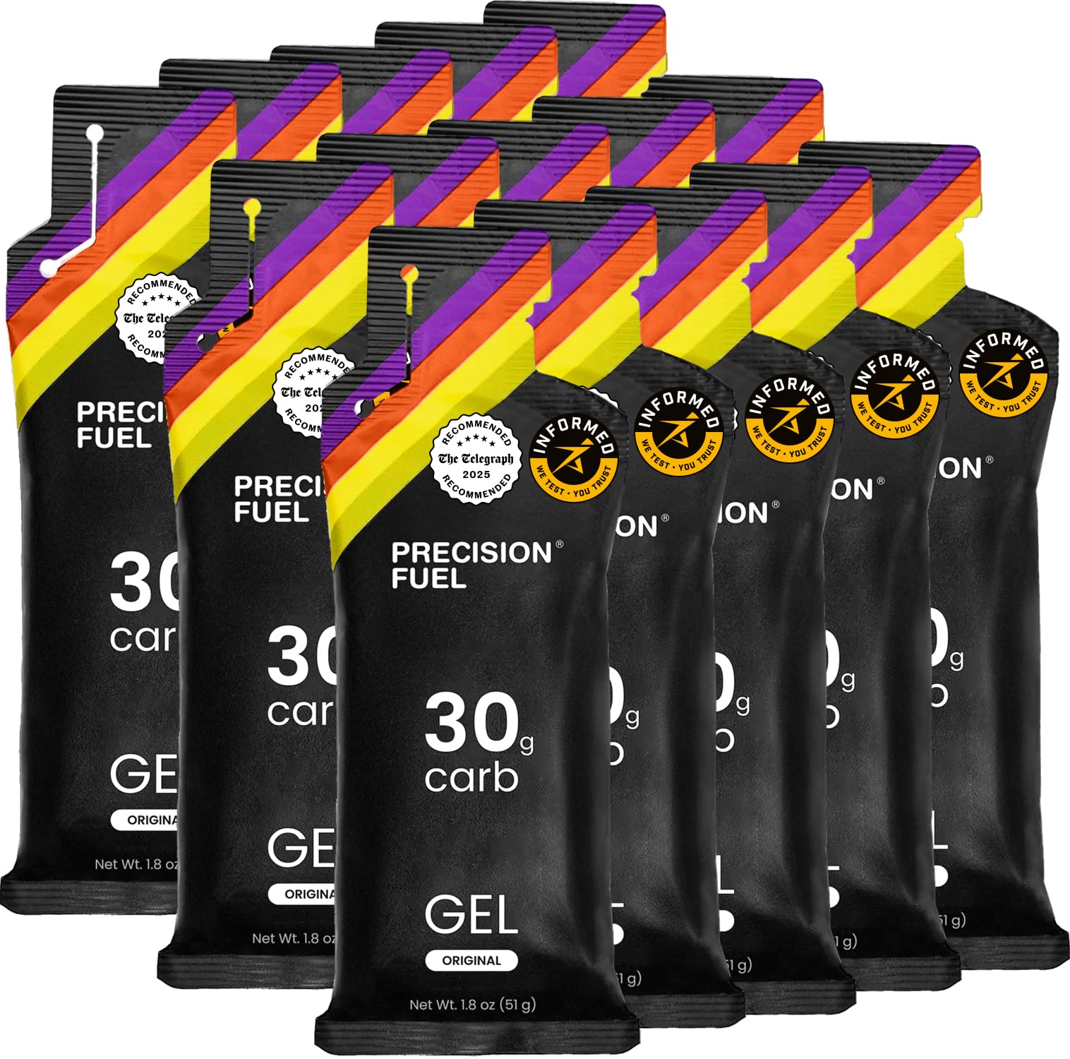 Precision Hydration PF30 gel, empaque frontal, energía estable para entrenamientos largos.