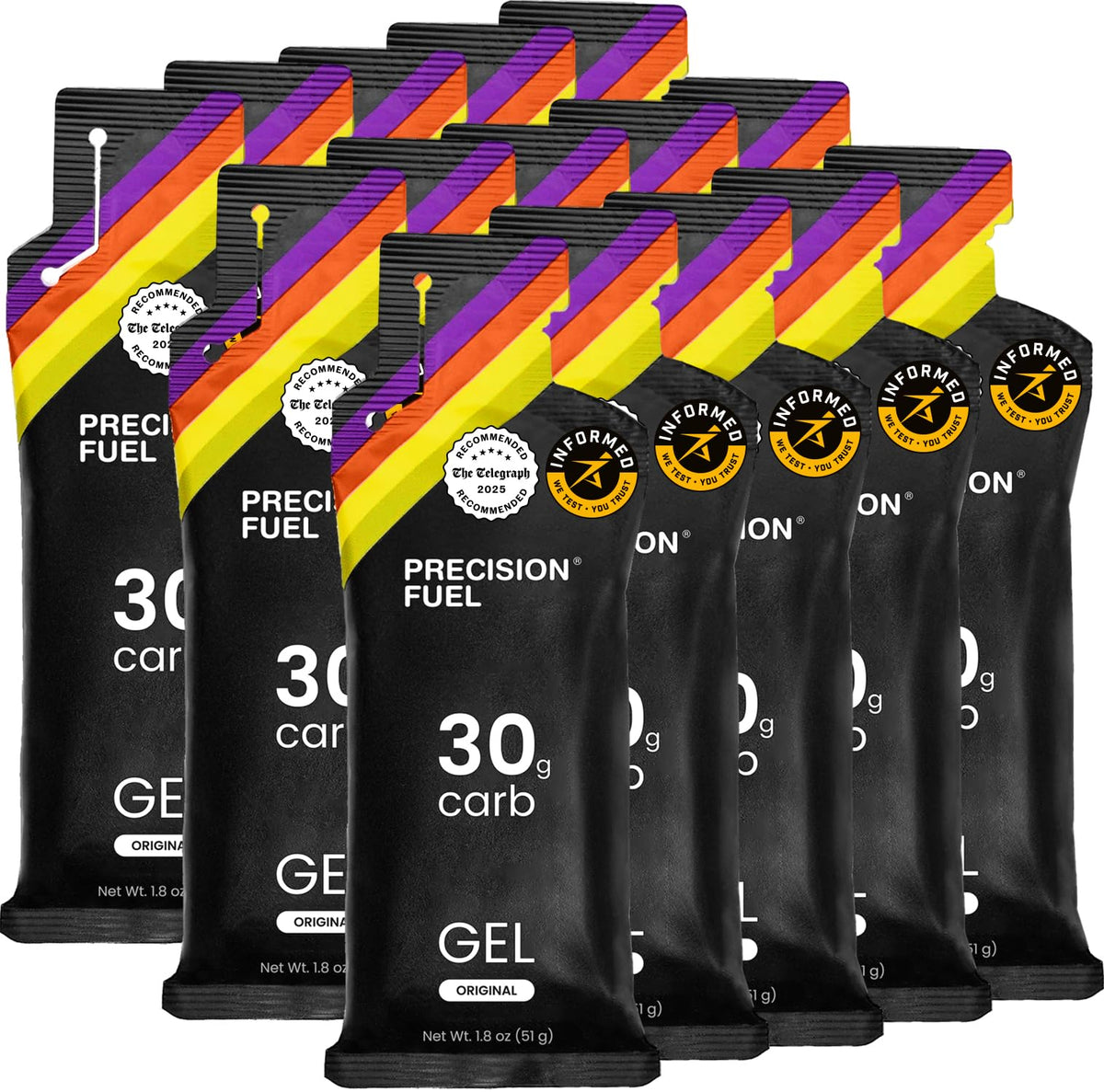 Precision Hydration PF30 gel, empaque frontal, energía estable para entrenamientos largos.