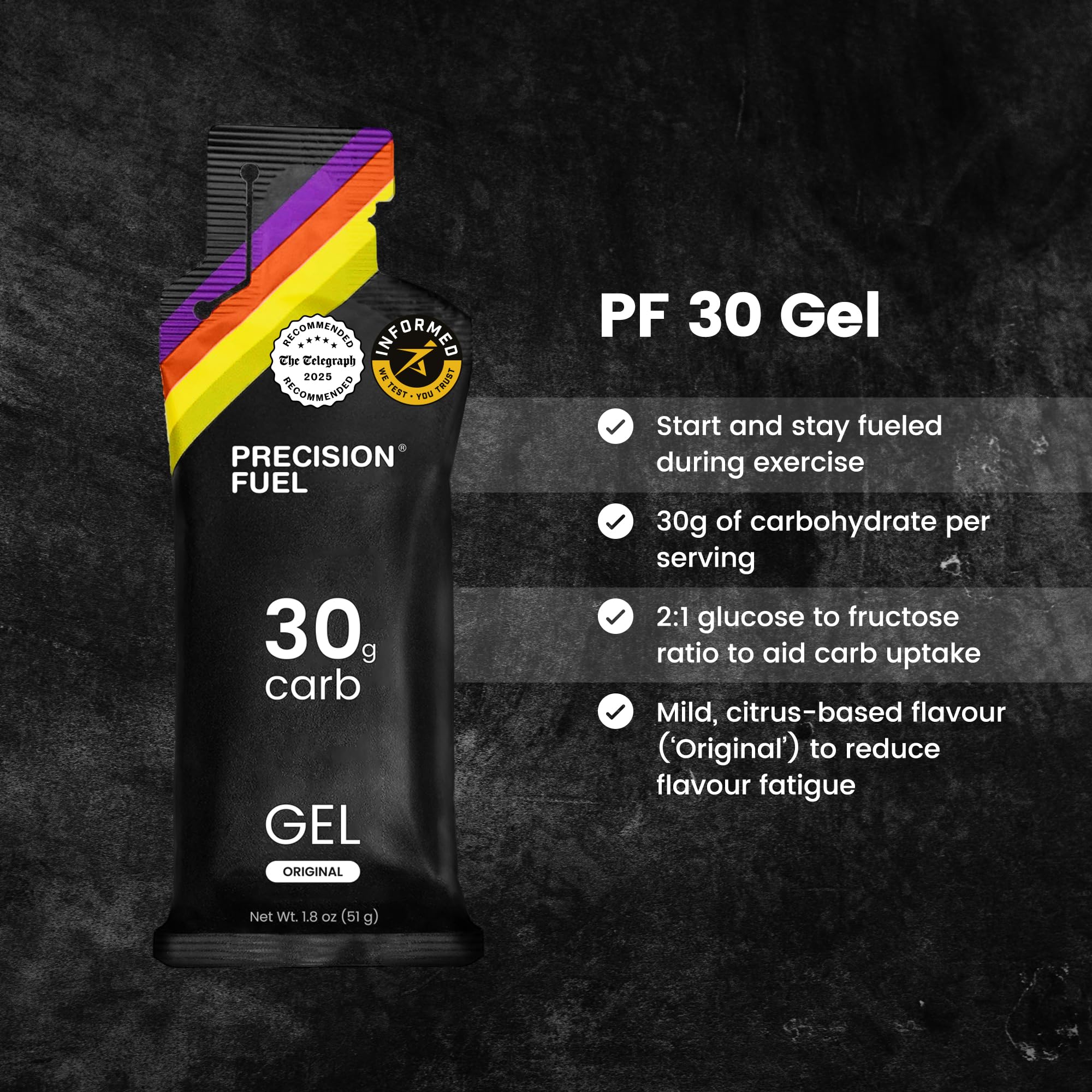 Precision Hydration PF30 gel, textura suave, digestión fácil durante esfuerzos.