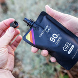 geles PF90 de Precision Hydration, dorso del envase, ideales para consumo durante maratones largos