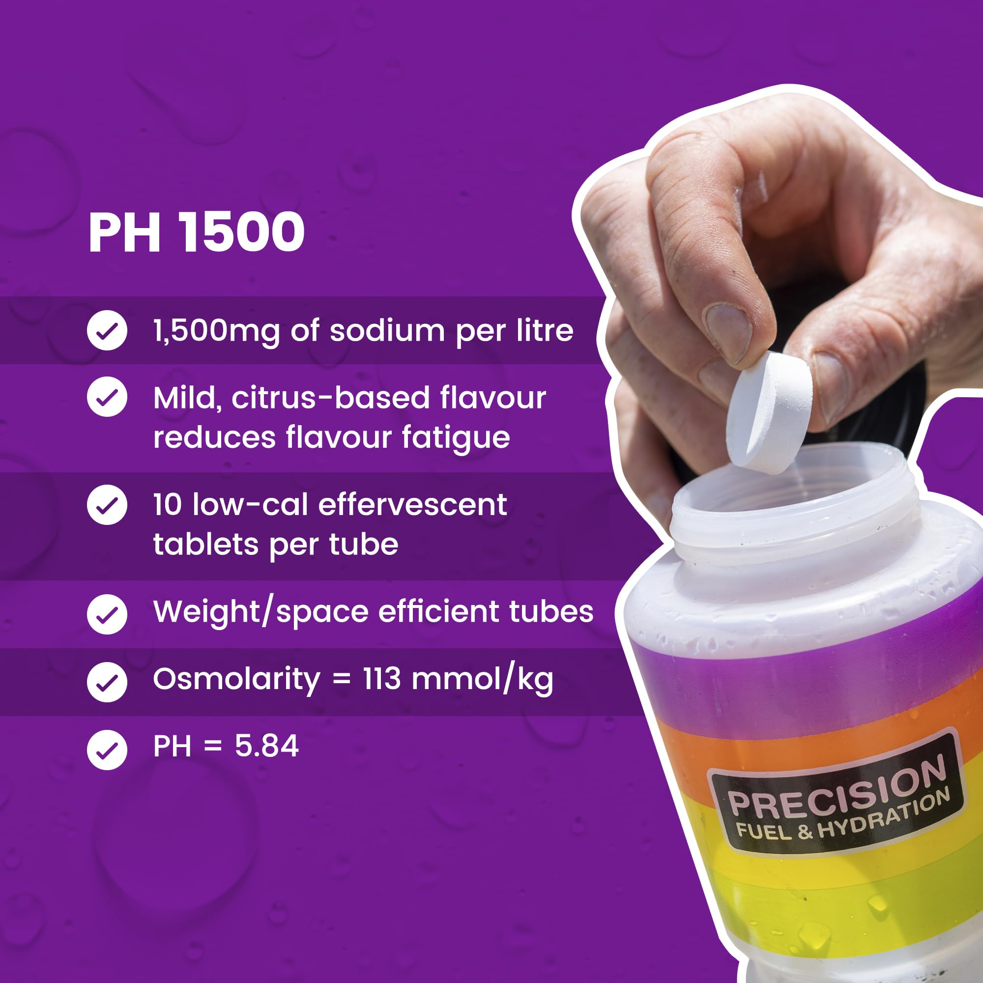 Tabletas Precision Hydration se disuelven rápido en agua fría.