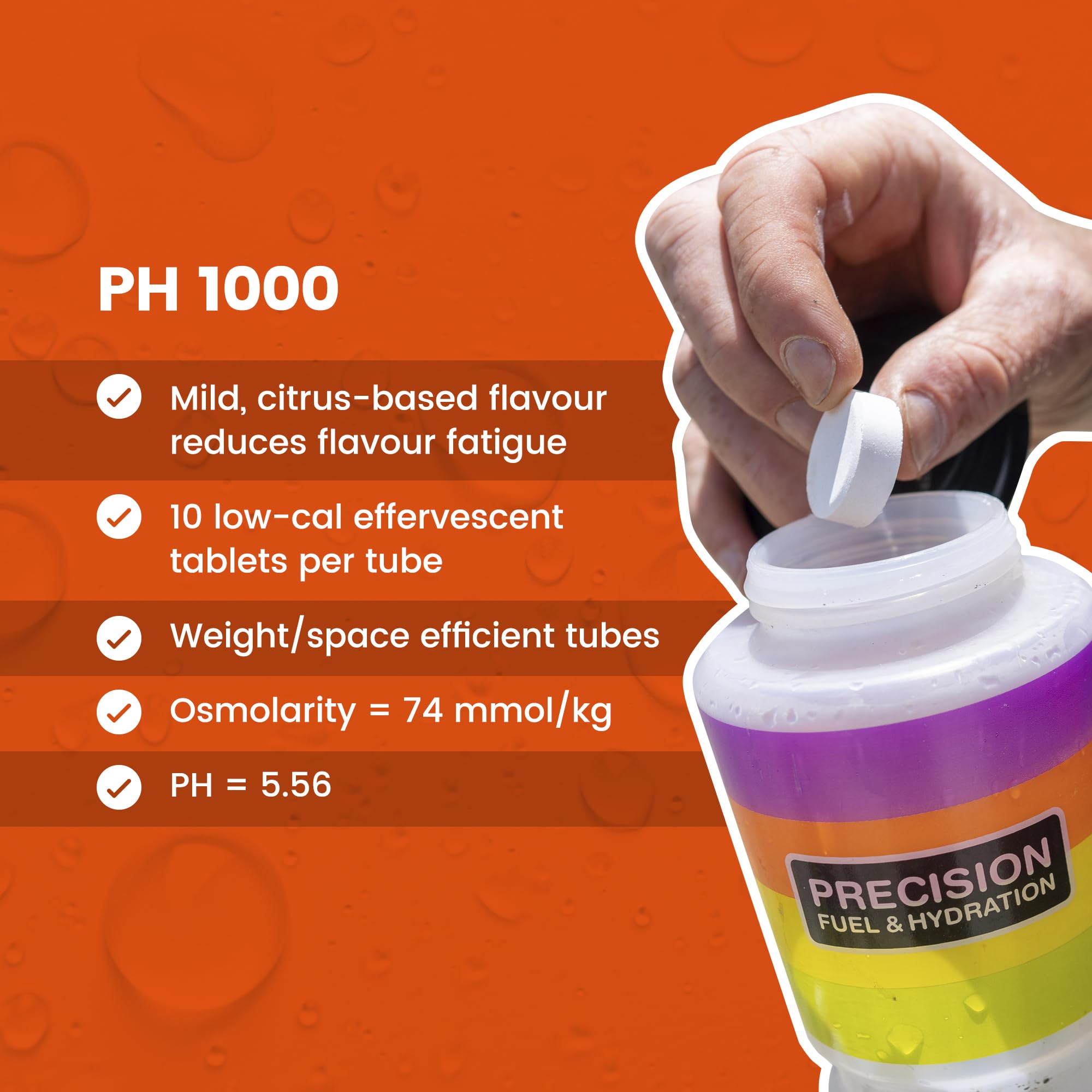 Tabletas Precision Hydration 1000mg/litro, disolución rápida para rendimiento sostenido.