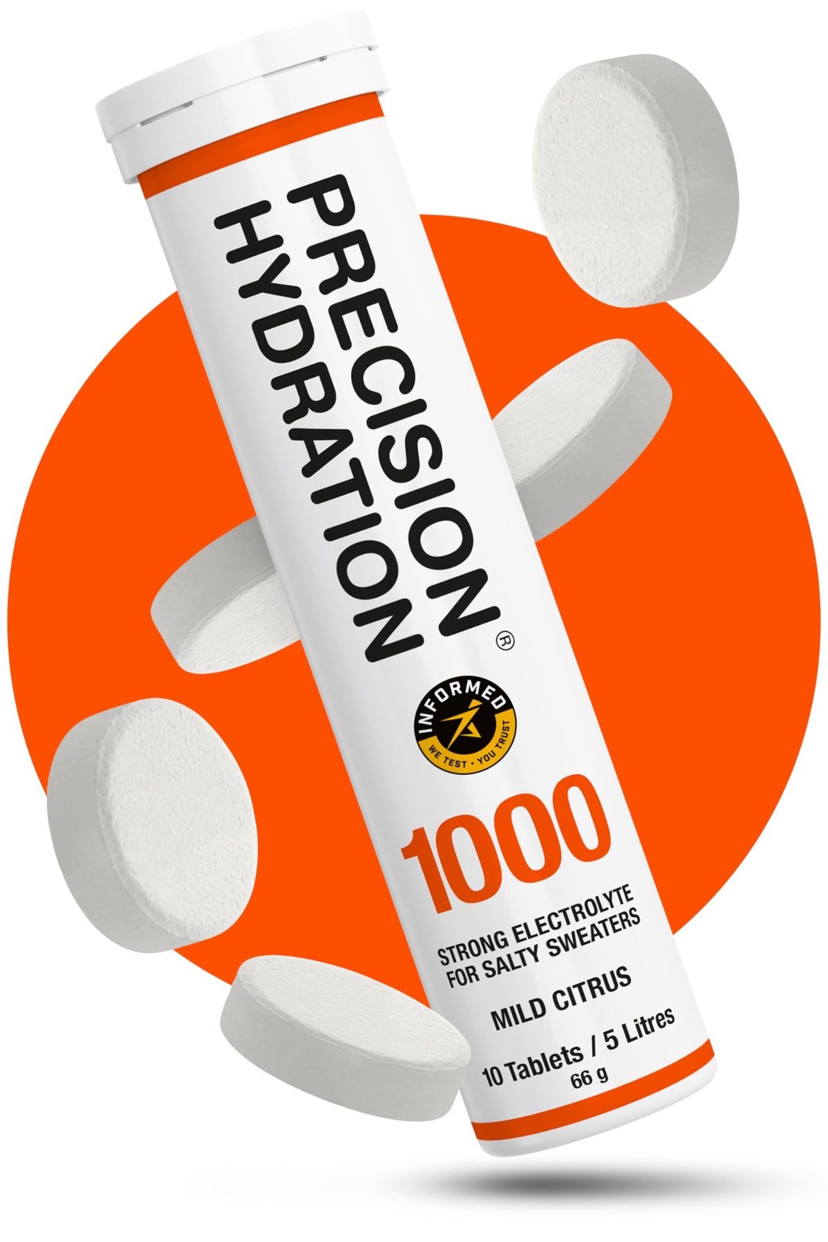 Tabletas Precision Hydration 250mg/litro disolviéndose para hidratación rápida.