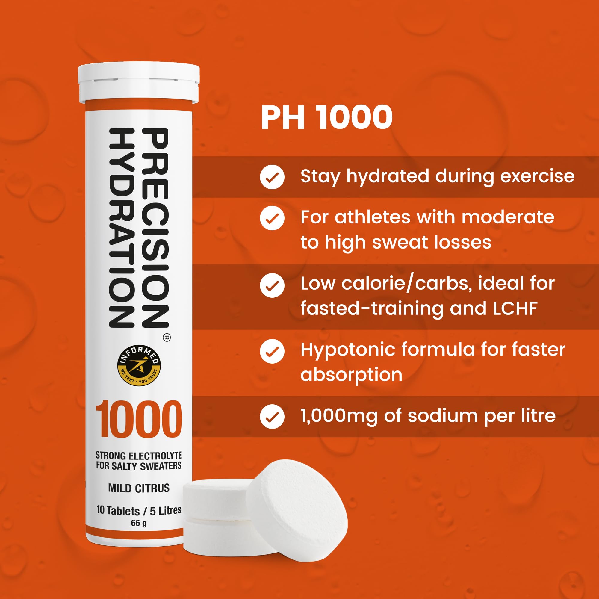 Tabletas Precision Hydration 500mg/litro en vaso, hidratación equilibrada.