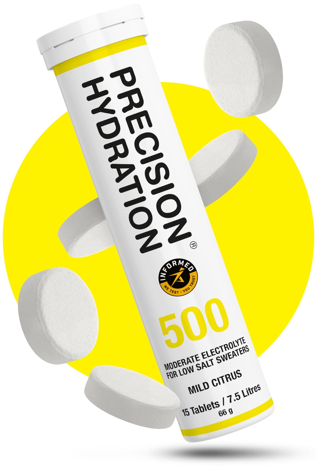 Tubo amarillo de tabletas de electrolitos Precision Hydration listo para rehidratar durante entrenamientos.