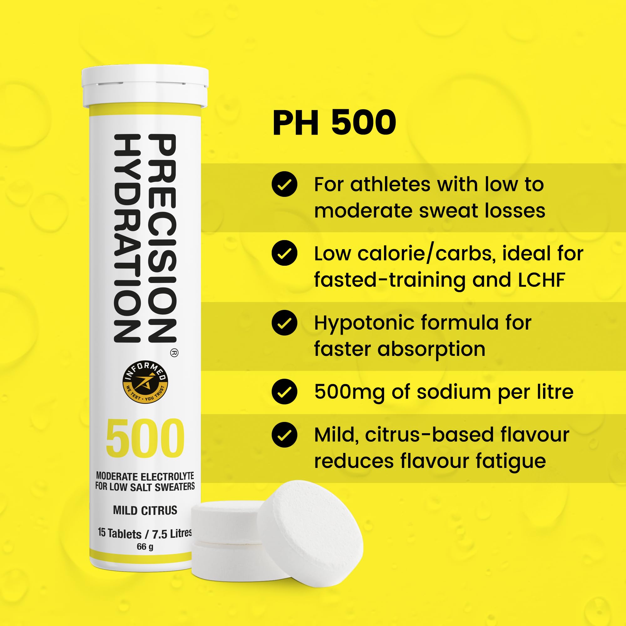 Tabletas Precision Hydration disolviéndose en agua para una bebida isotónica.