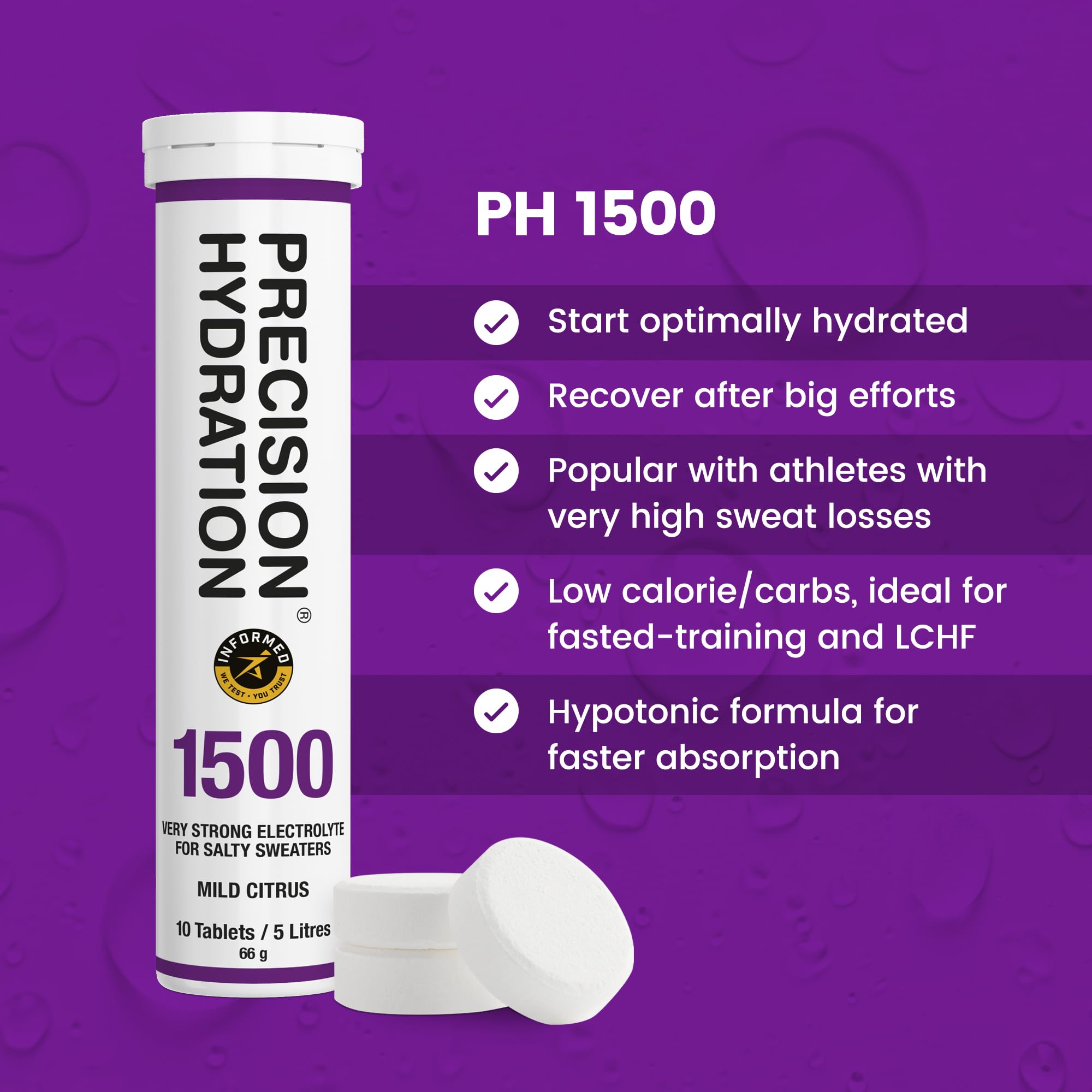 Tableta individual de electrolitos Precision Hydration en tubo morado