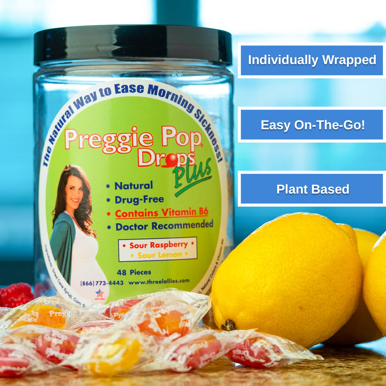 Preggie Pop Drops Plus frambuesa ácida caramelos: sabor intenso para molestias leves