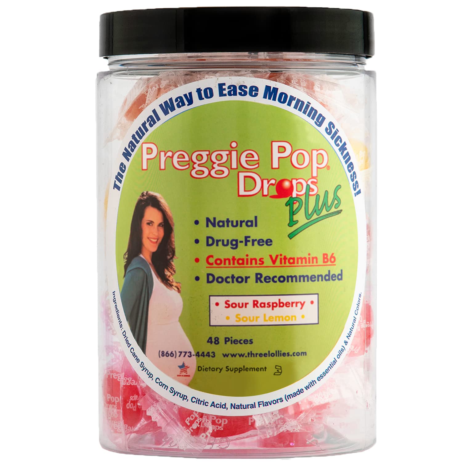 Preggie Pop Drops Plus frambuesa ácida empaque: alivio práctico para llevar