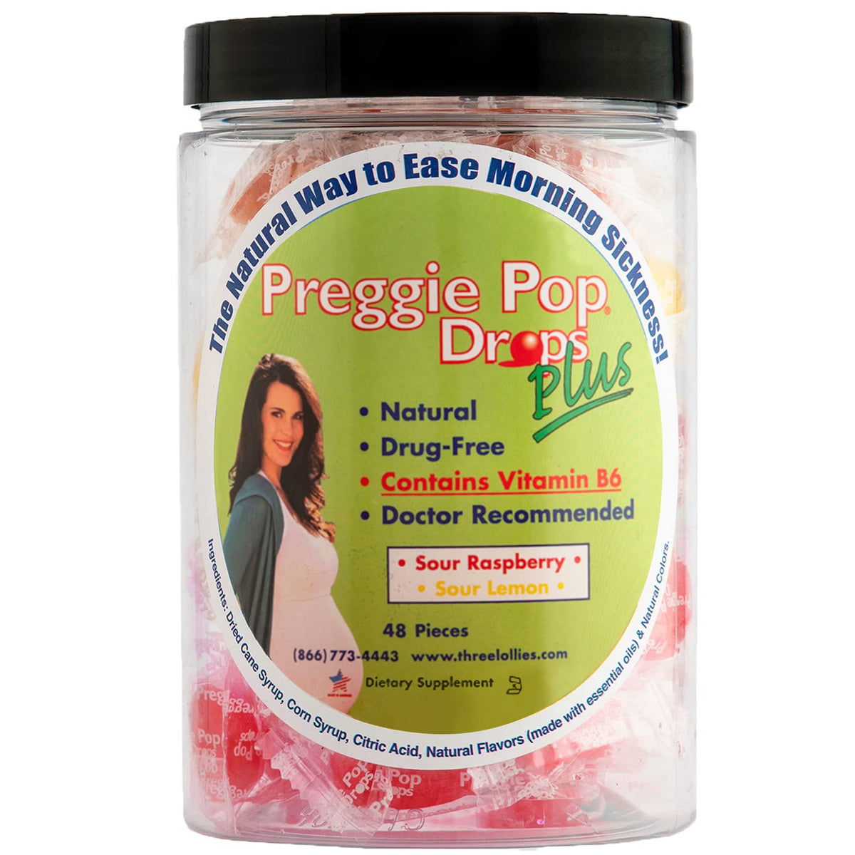 Preggie Pop Drops Plus frambuesa ácida empaque: alivio práctico para llevar