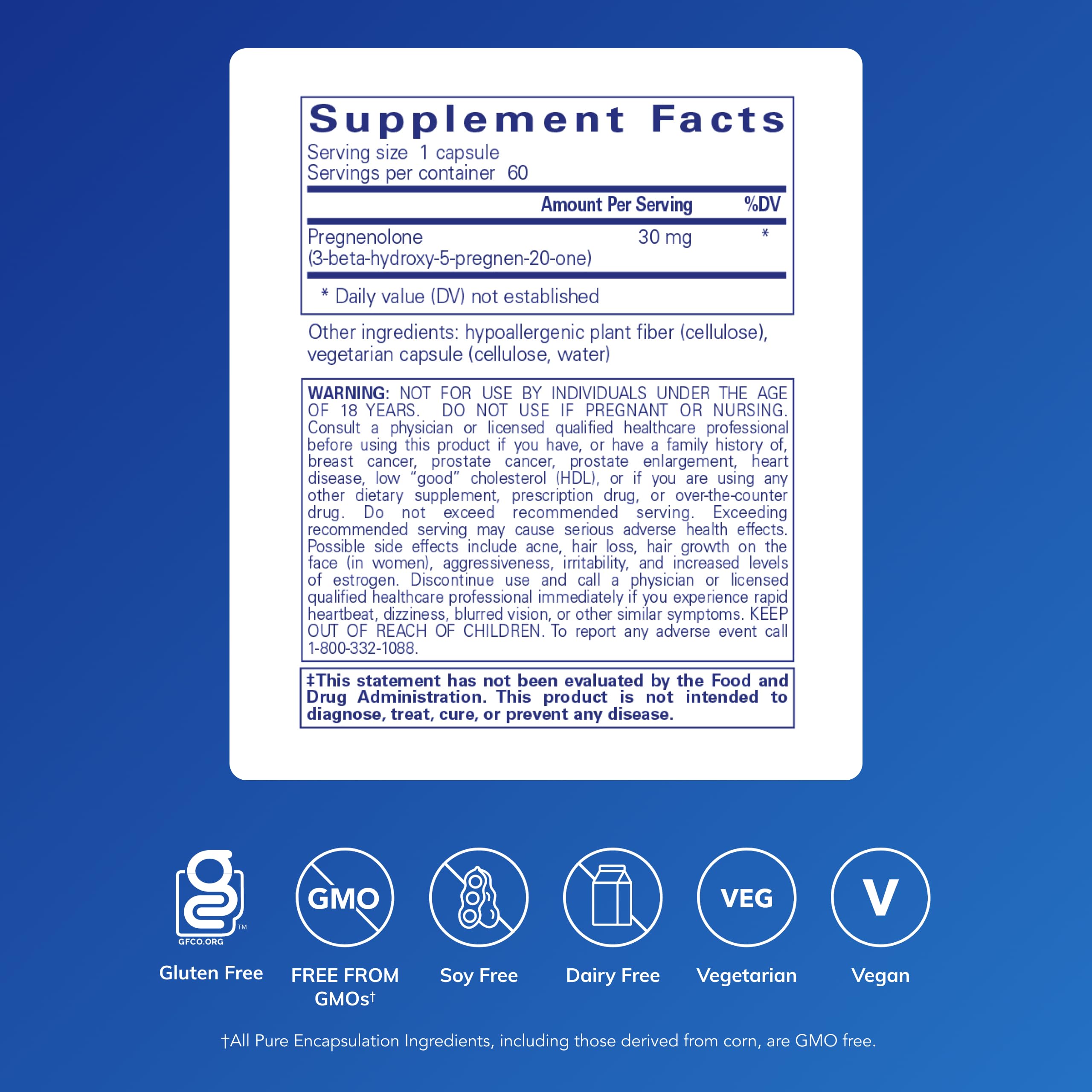 Pure Encapsulations Pregnenolona 30 mg, cápsulas veganas para equilibrio hormonal diario.
