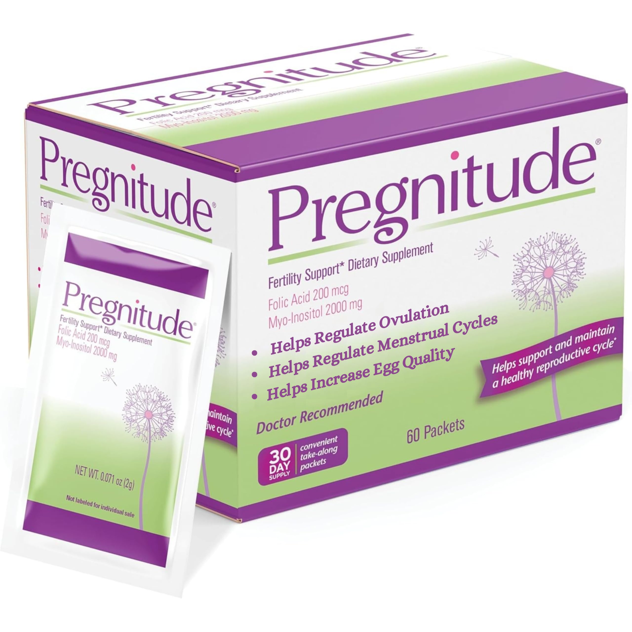 Pregnitude: paquetes de dosis de 60 para tomar fácilmente y apoyar la regularidad del ciclo.