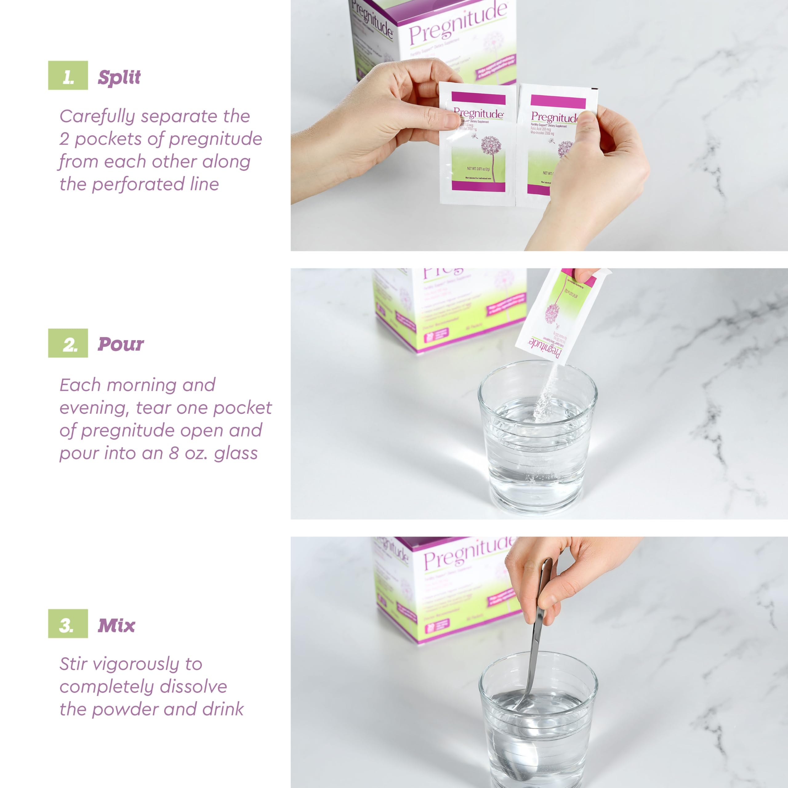 Pregnitude se mezcla en un vaso de 8 oz para una toma rápida.