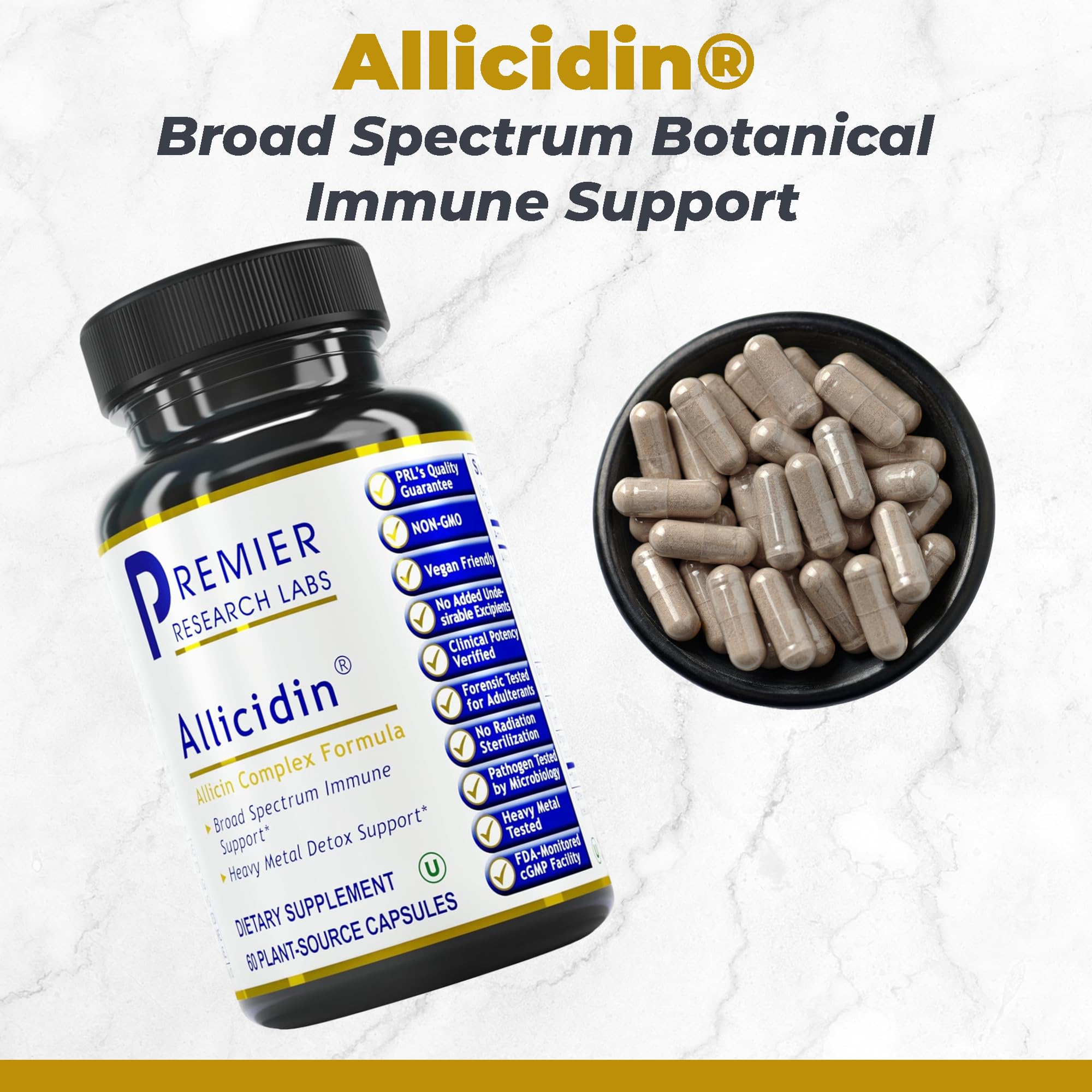 Frasco de Allicidin con cápsulas de Premier Research Labs para consumo diario.