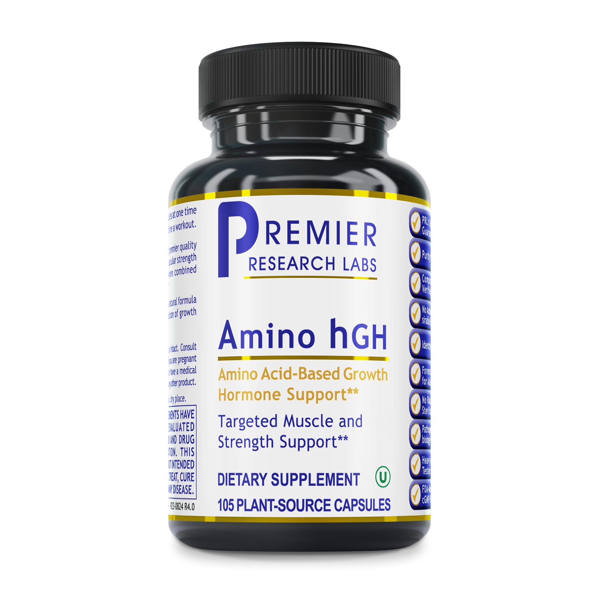 Premier Research Labs Amino HGH: botella con cápsulas para apoyo muscular potencial.