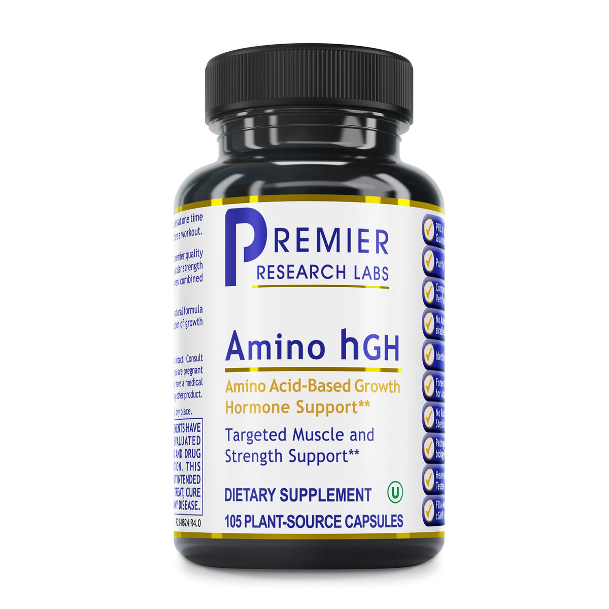 Premier Research Labs Amino HGH: botella con cápsulas para apoyo muscular potencial.