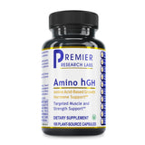 Premier Research Labs Amino HGH: botella con cápsulas para apoyo muscular potencial.