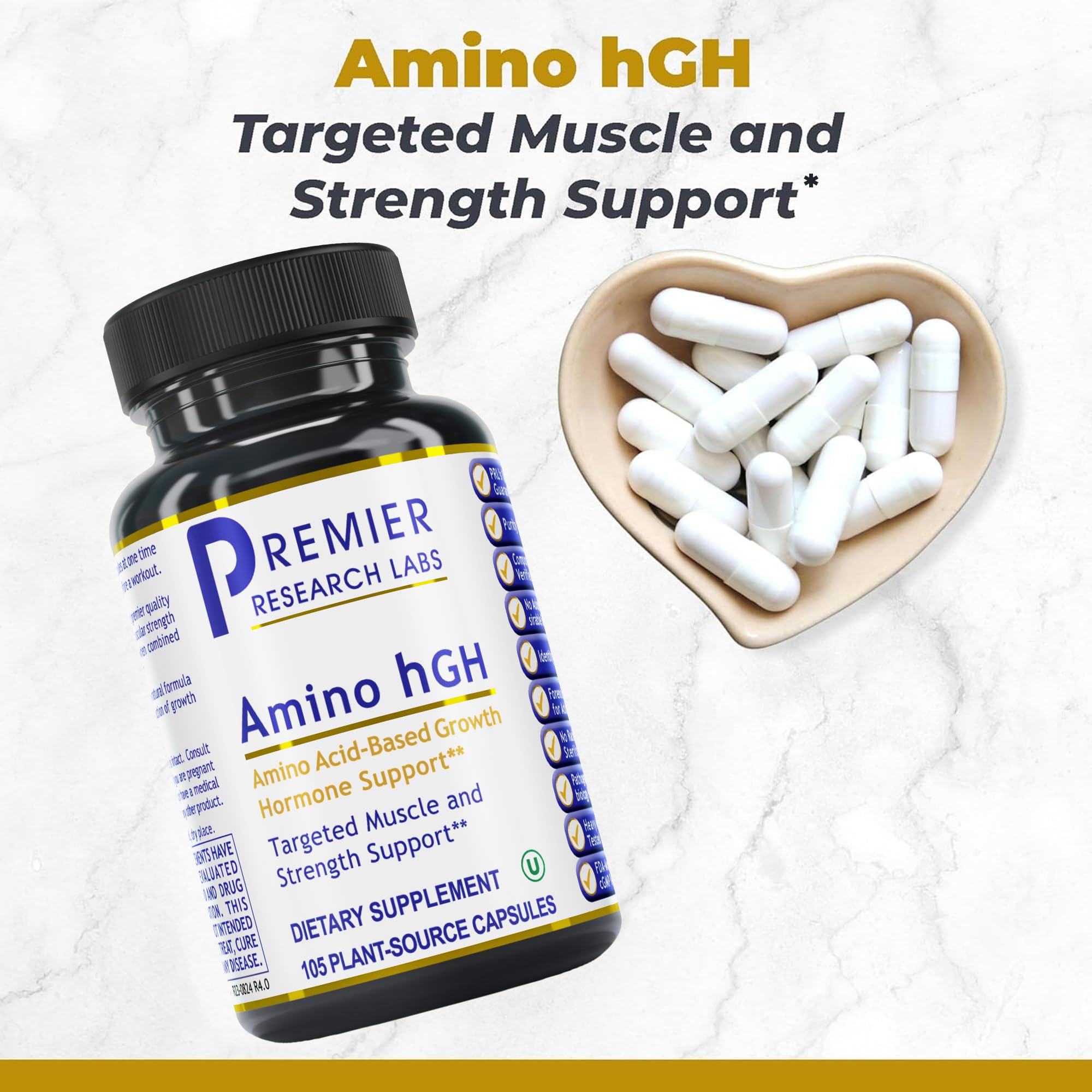 Premier Research Labs Amino HGH: cápsulas listas para consumo y recuperación muscular.