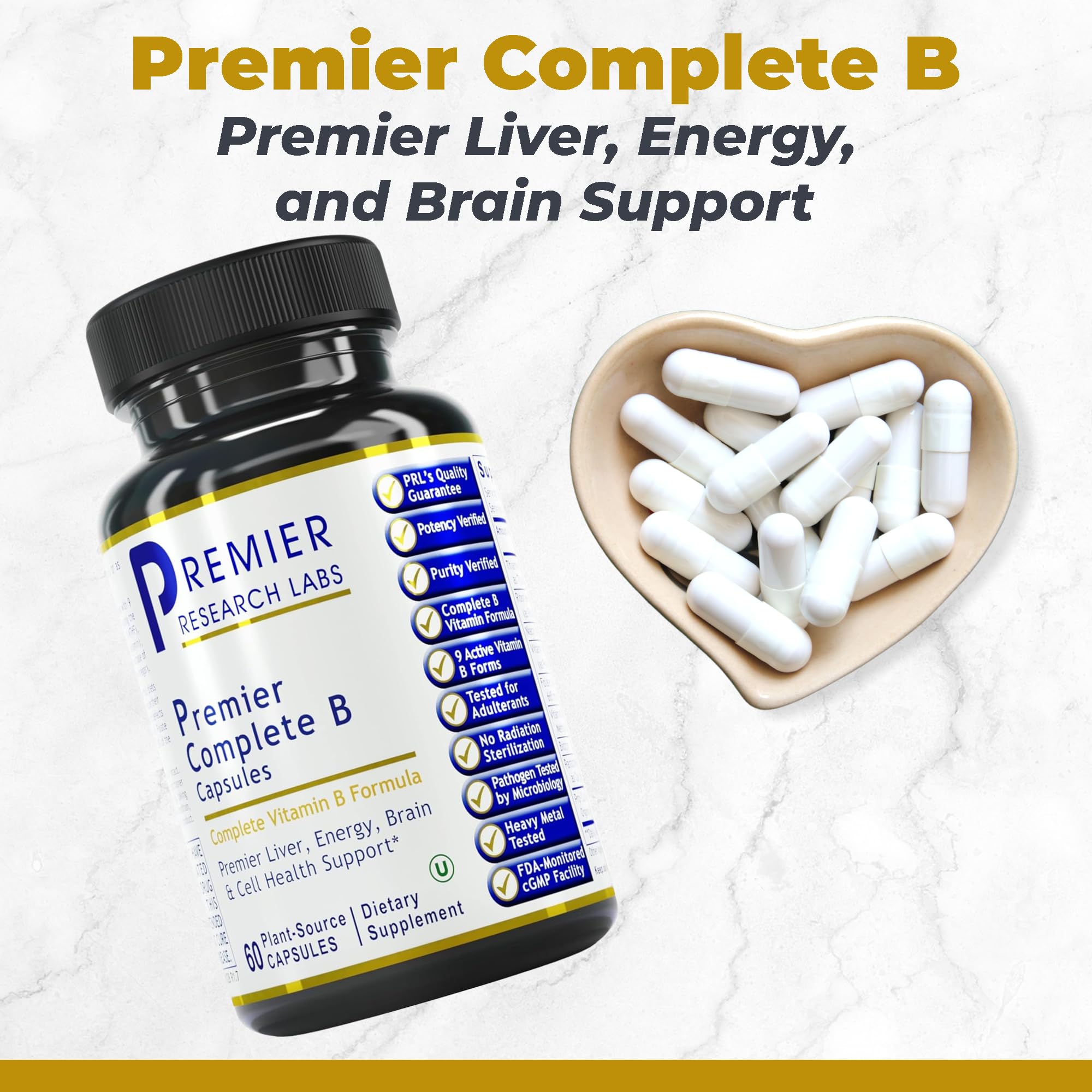 Etiqueta clara de Premier Research Labs Complete B Complex con ingredientes clave para energía sostenida.