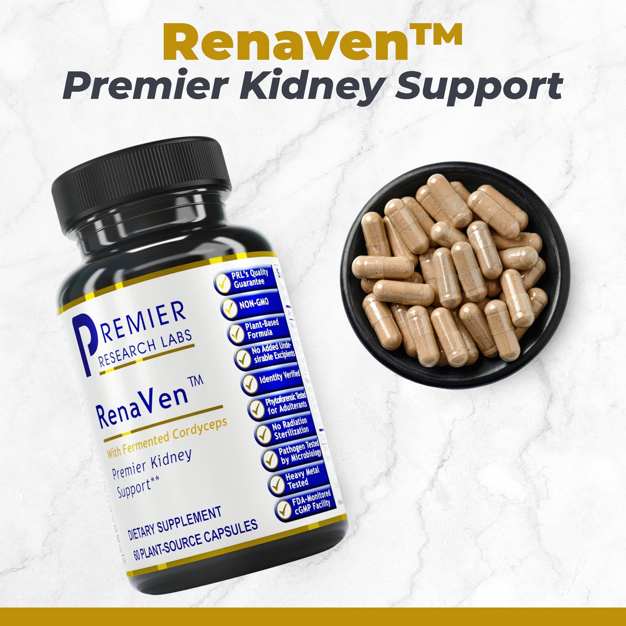 Renaven: etiqueta que destaca ingredientes clave para apoyo urinario.