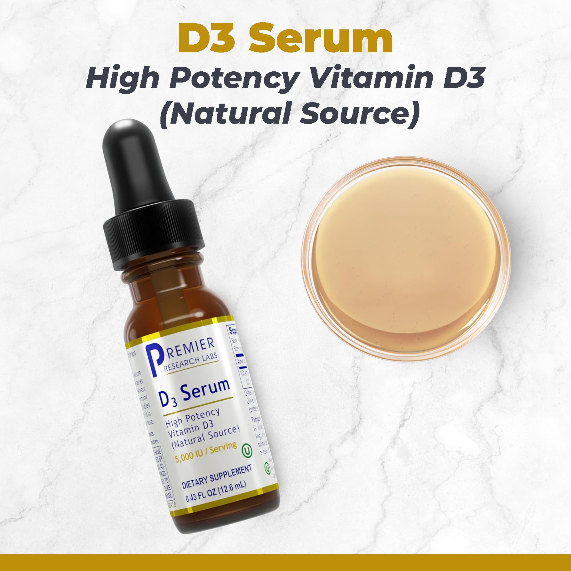 Vitamin D3 drops de Premier Research Labs con cuentagotas para absorción rápida.