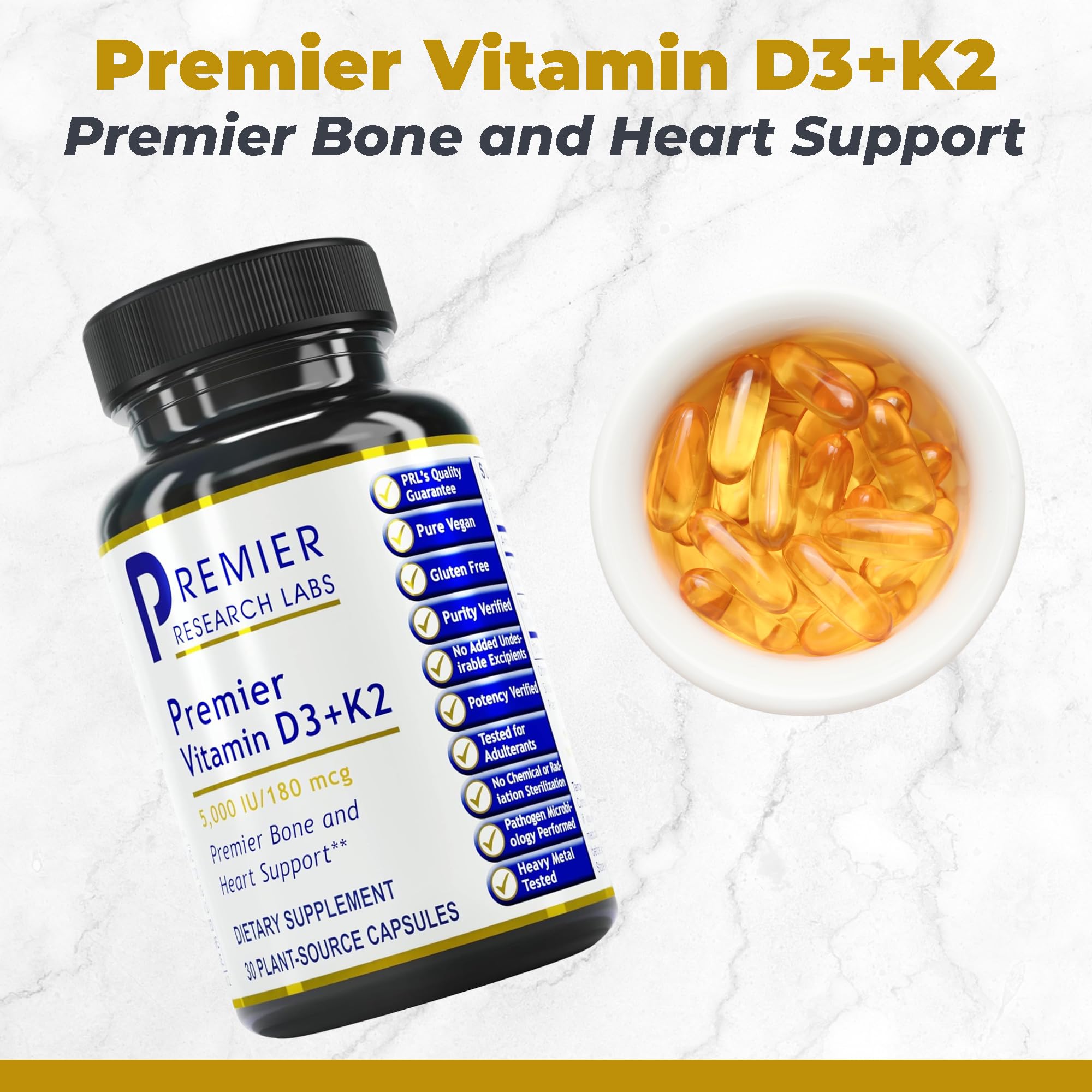 Premier Research Labs Vitamina D3 + K2, cápsulas destacadas, promueven salud vascular