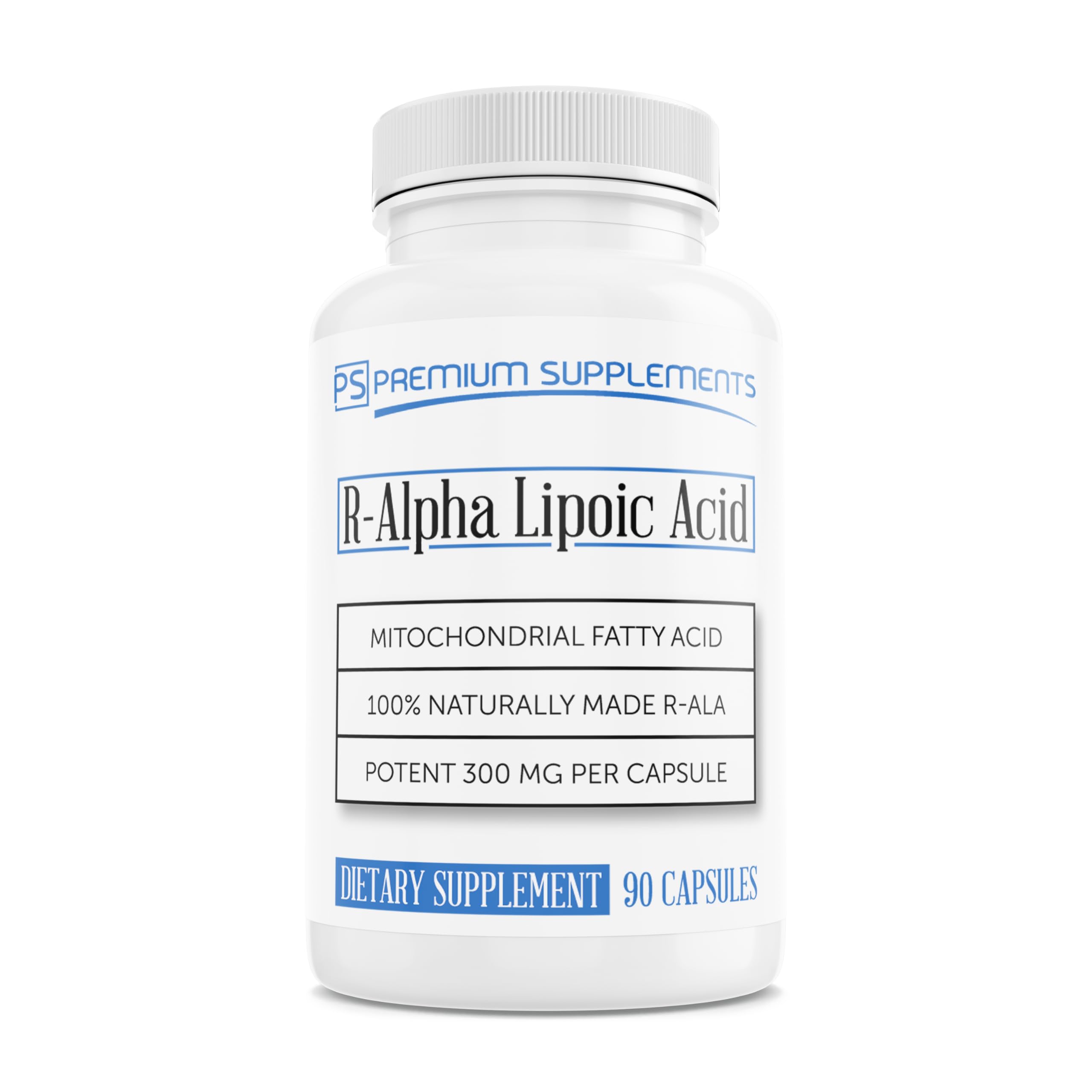 Premium-Supplements R-ALA botella: soporte antioxidante diario para tu rutina.