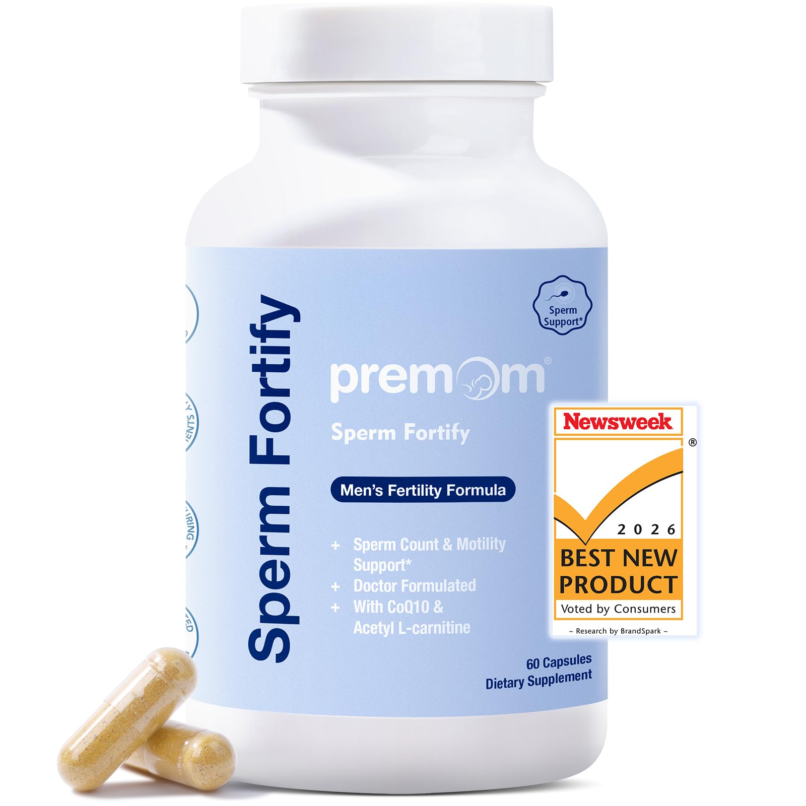 Premom Fortalecimiento de Esperma: botella clara para uso diario de salud masculina.