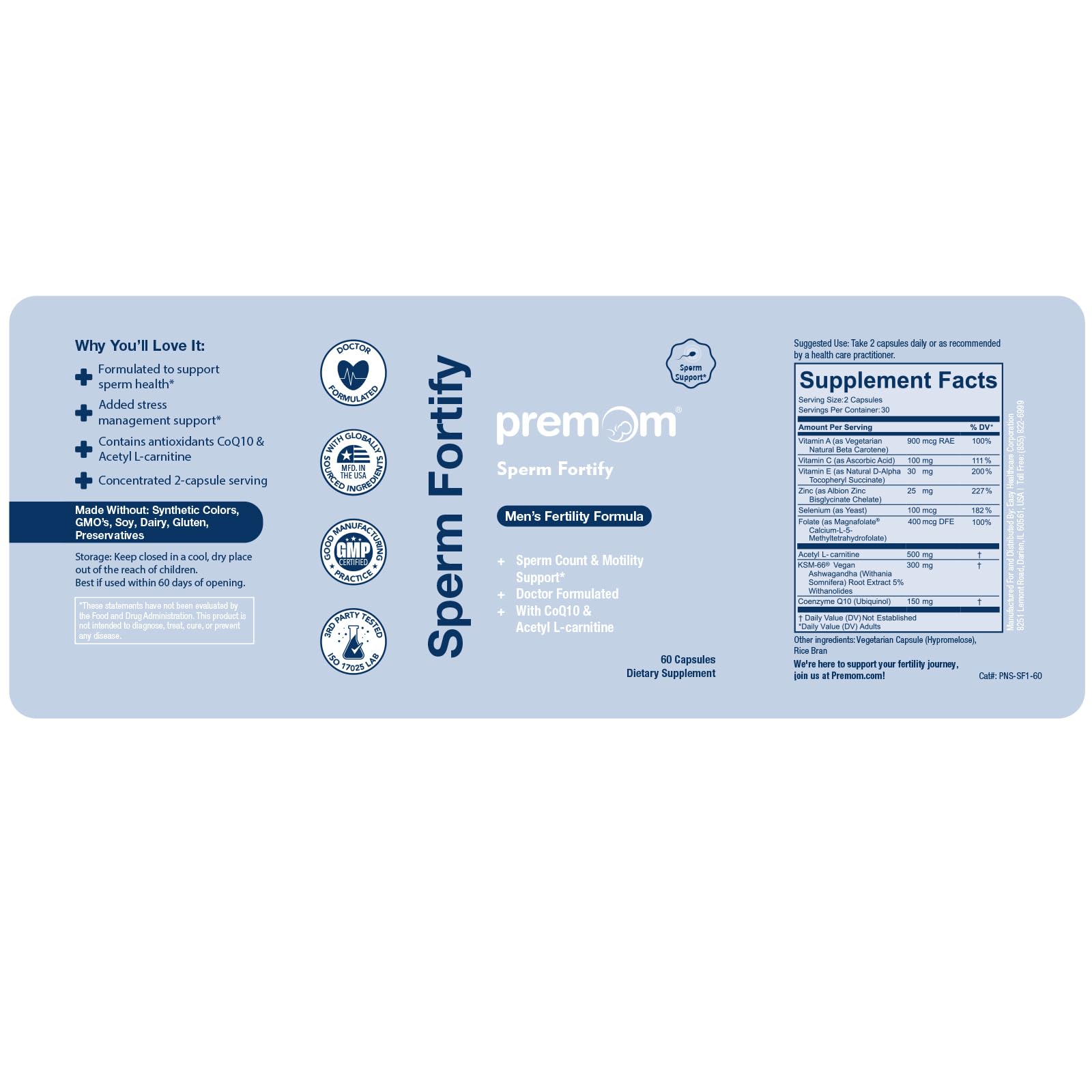 Premom Fortalecimiento de Esperma: certificado ISO 17025 y pruebas NSF.