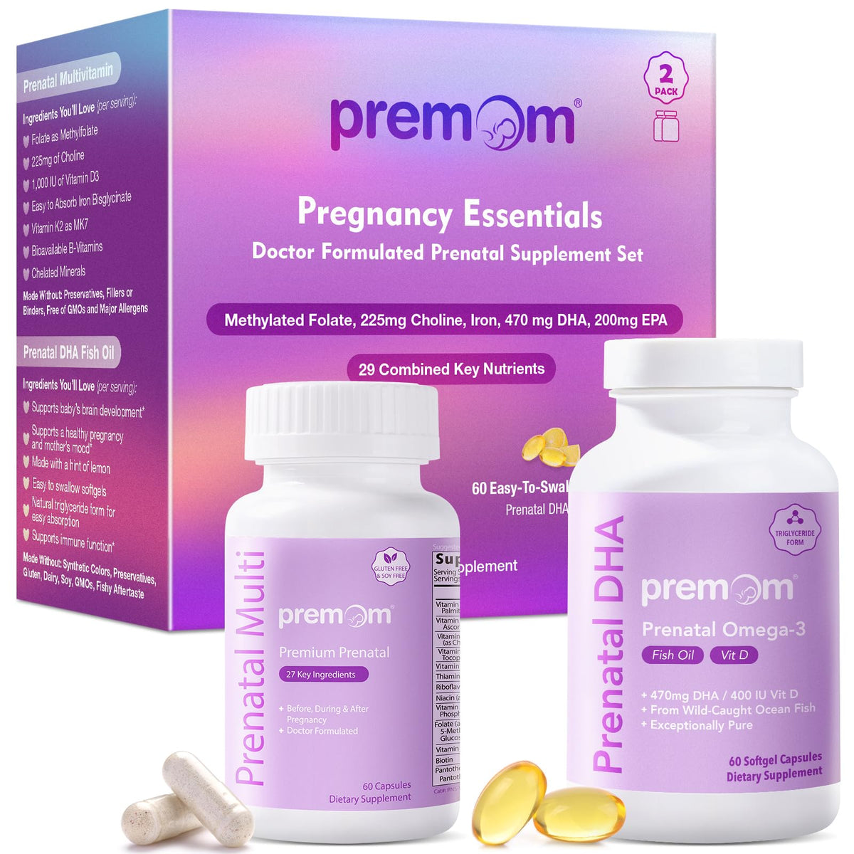 Premom Prenatal Vitaminas: close-up de tabletas para soporte nutricional diario durante el embarazo