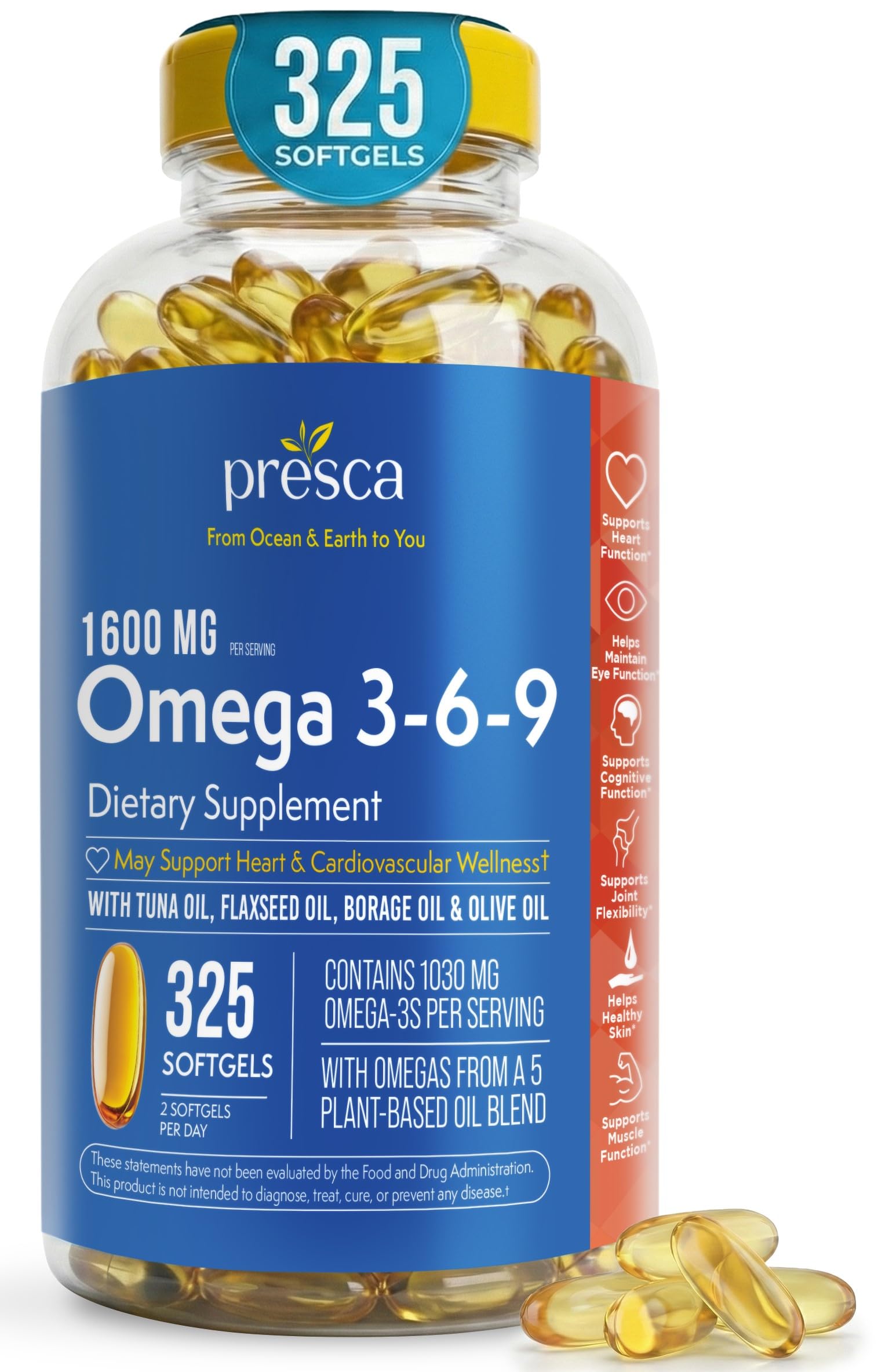 Presca Omega 3-6-9 cápsulas suaves apoyan la visión y la salud cardiovascular.
