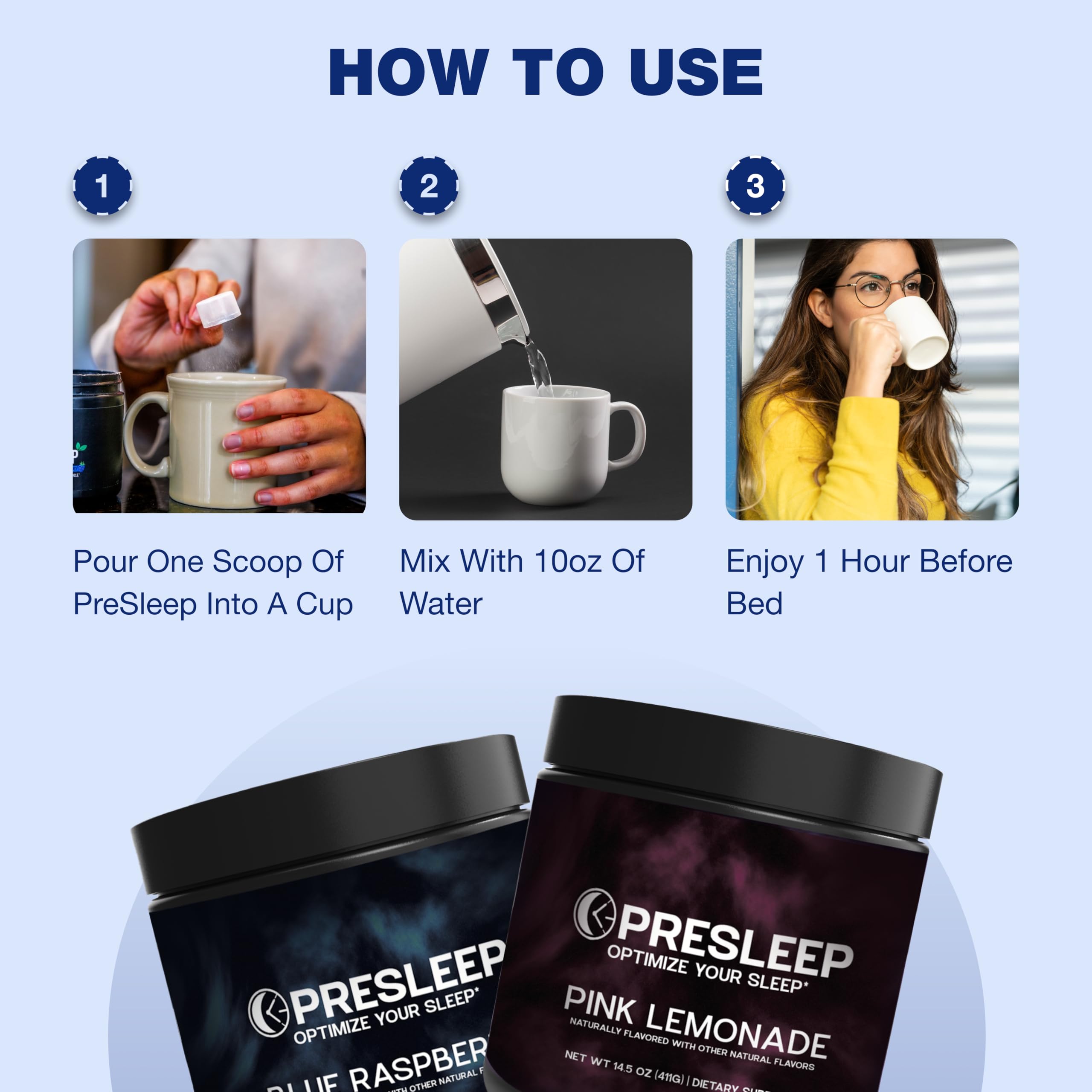 Polvo de PreSleep en vaso listo para mezclar y sorber.