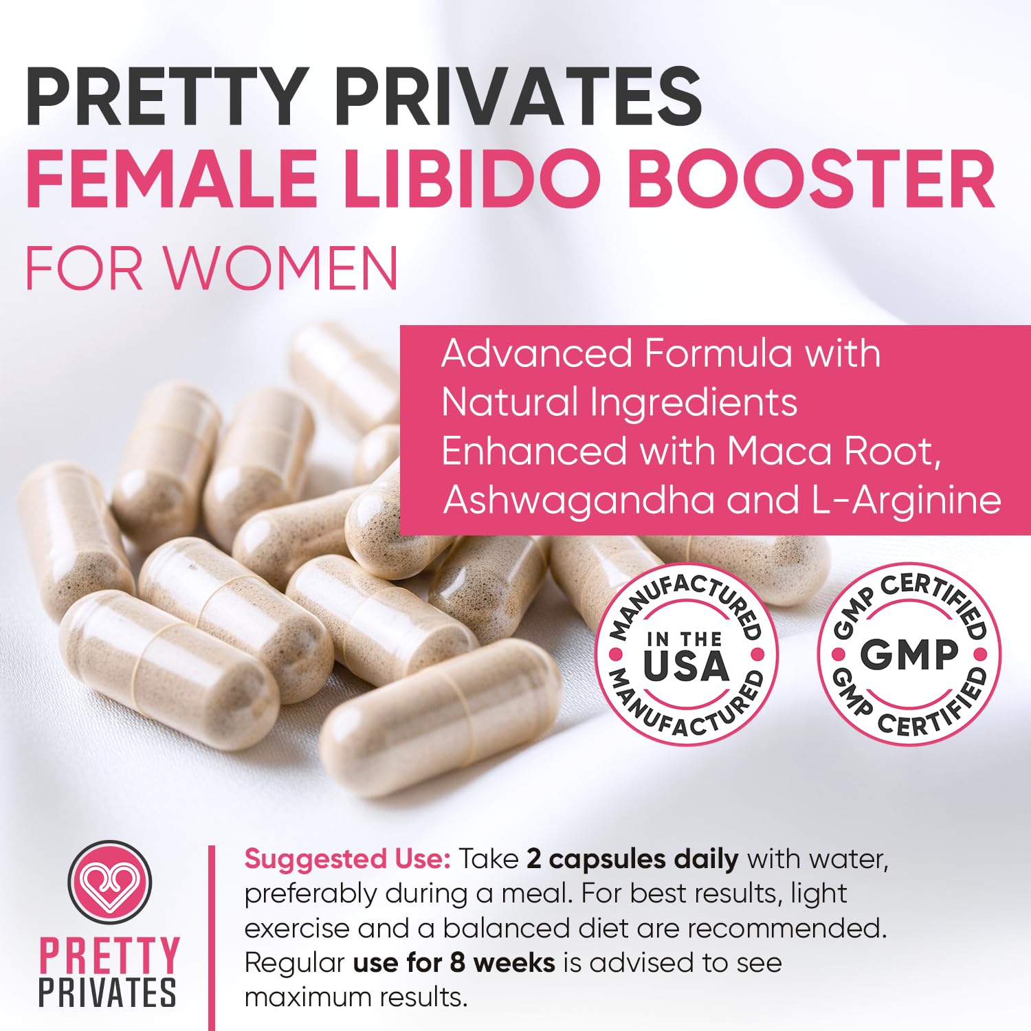 Pretty Privates botella, etiqueta visible, ingredientes naturales para apoyo diario.