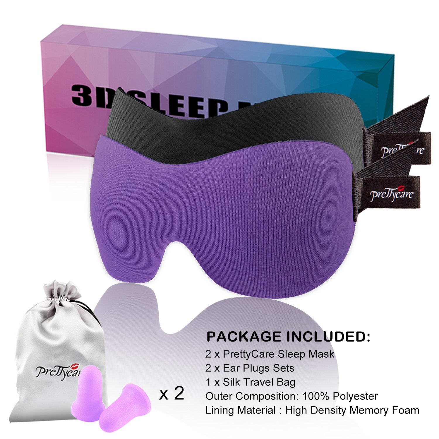 PrettyCare kit dormir tapones oídos bolsa seda para viajar.