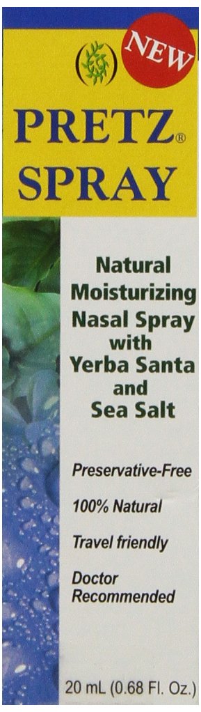 Pretz spray nasal natural con yerba santa, botella visible; humecta suavemente la mucosa nasal.