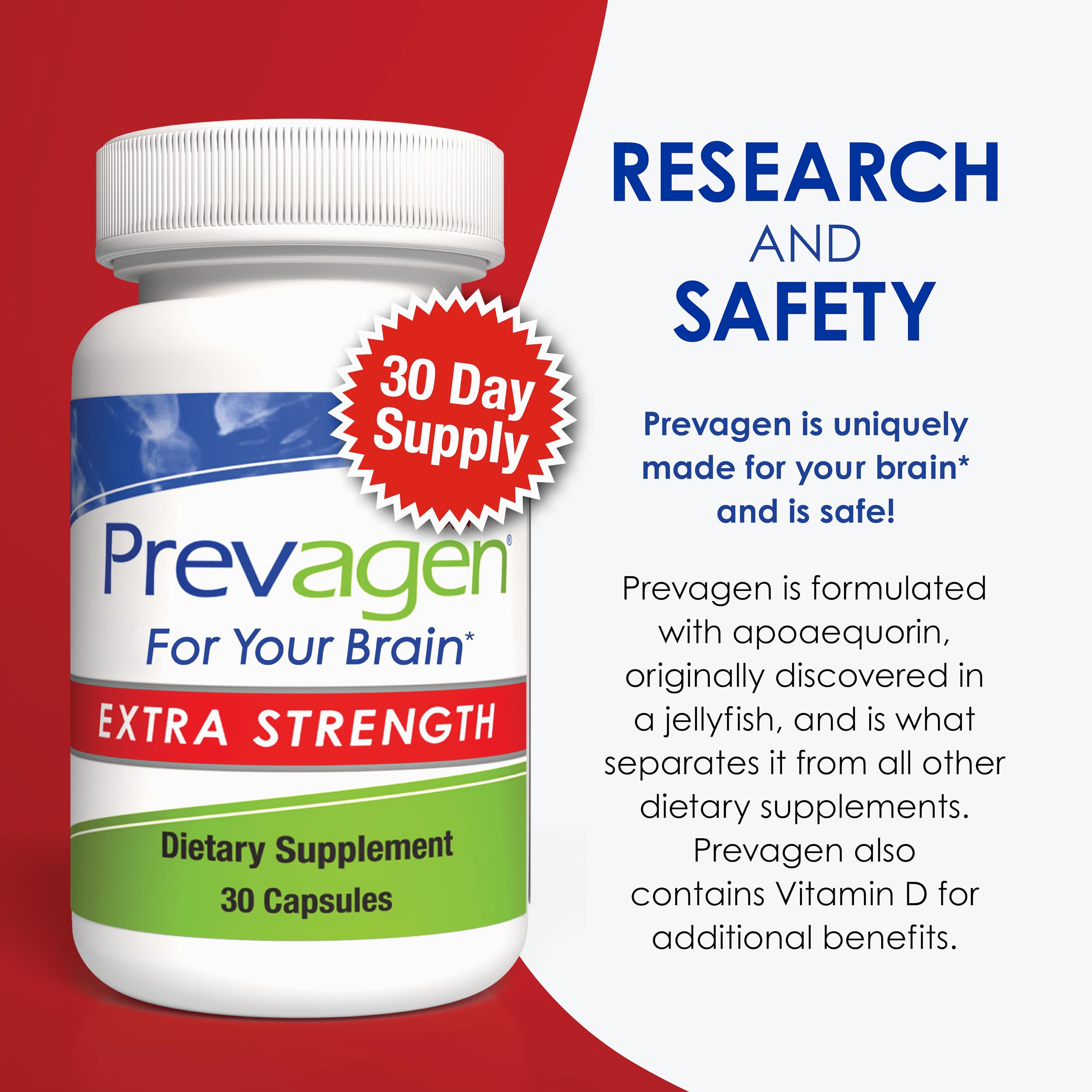 Prevagen Extra Strength, presentación de 30 cápsulas para mes completo.