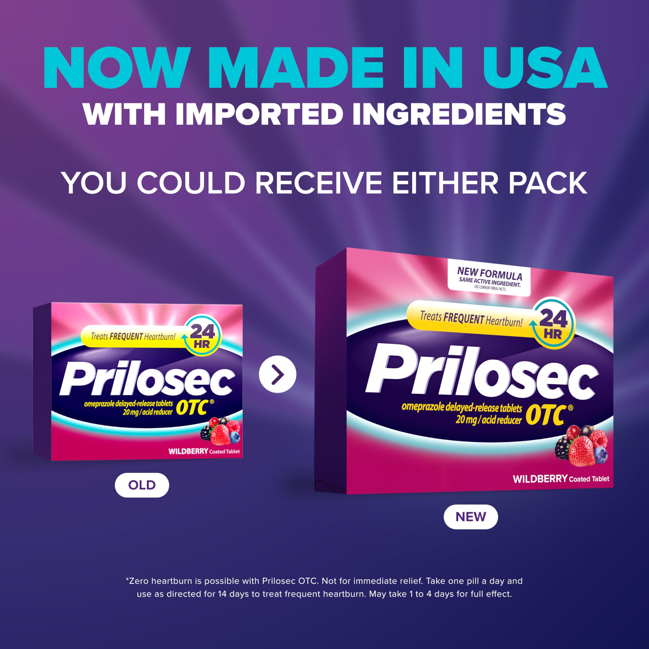 Prilosec OTC botella con omeprazol 20 mg para uso diario.