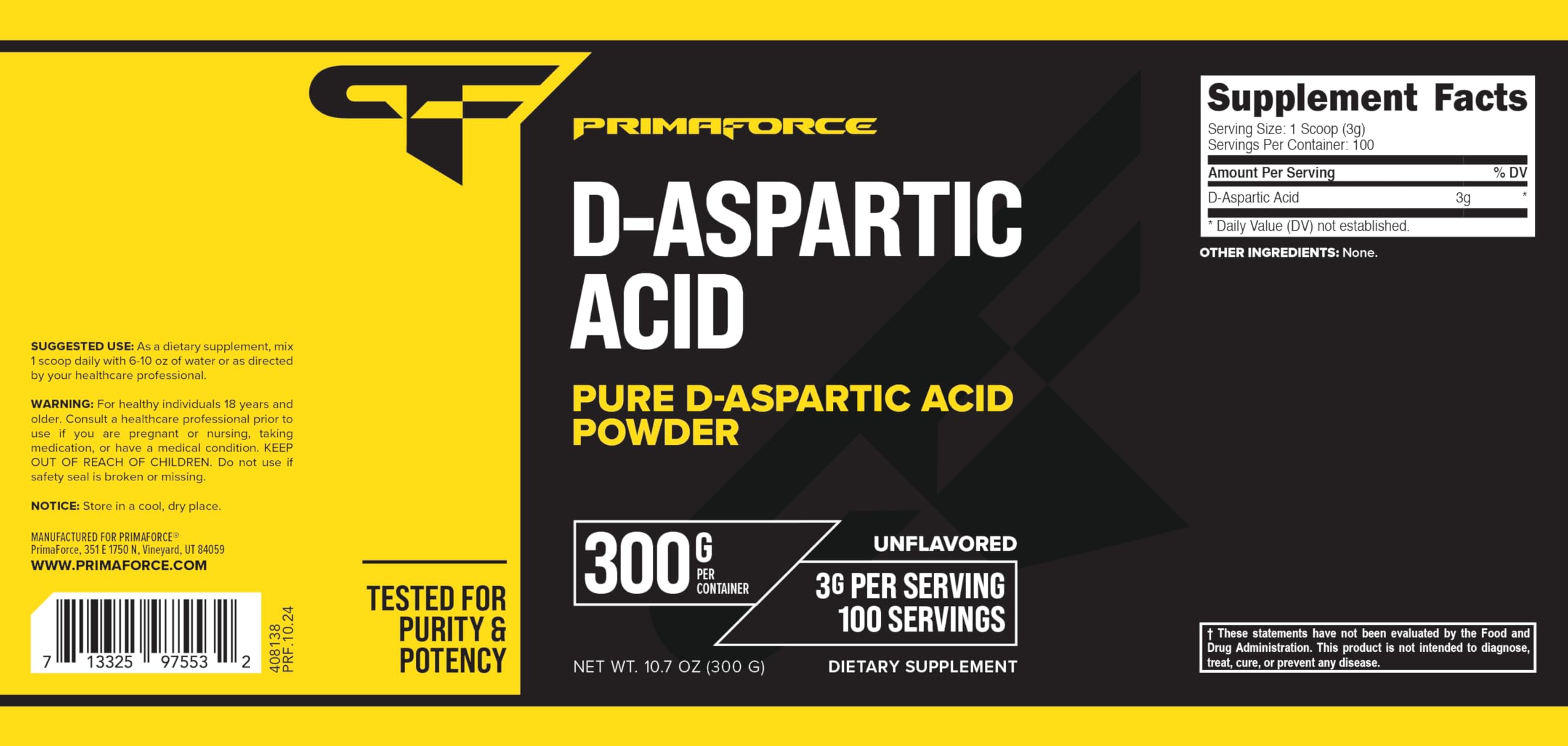 Primaforce Ácido D-aspártico 300 g probado en laboratorio para pureza