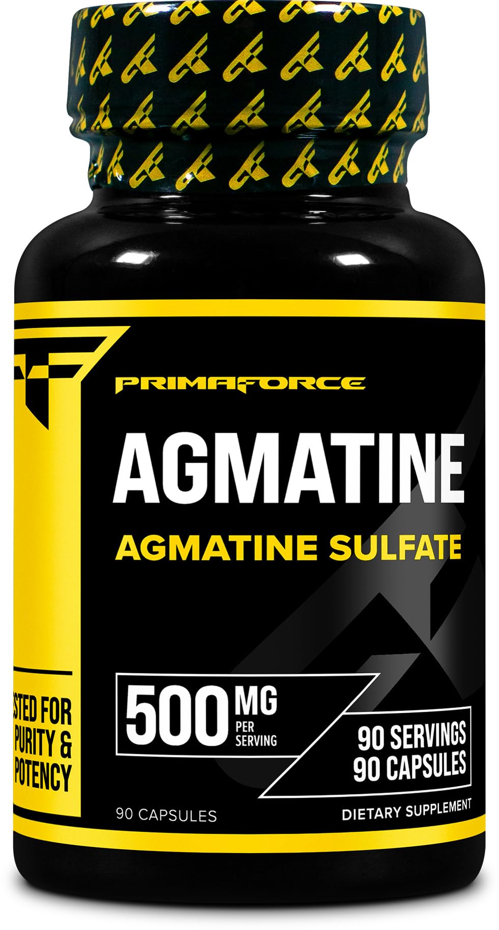 Primaforce Agmatine Sulfate, botella visible, dosis de 500 mg para posible rendimiento