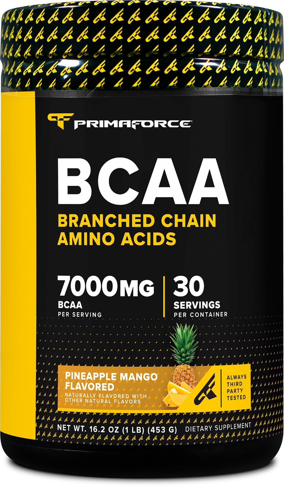 Primaforce BCAA Piña Mango en bote de 30 porciones para recuperación muscular.