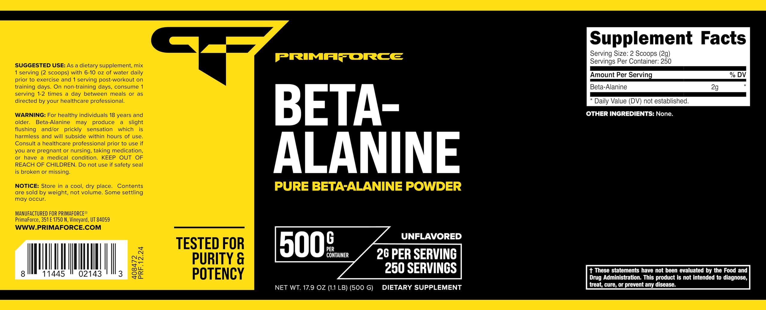 Primaforce Beta Alanina suplemento deportivo para uso versátil en bebidas.