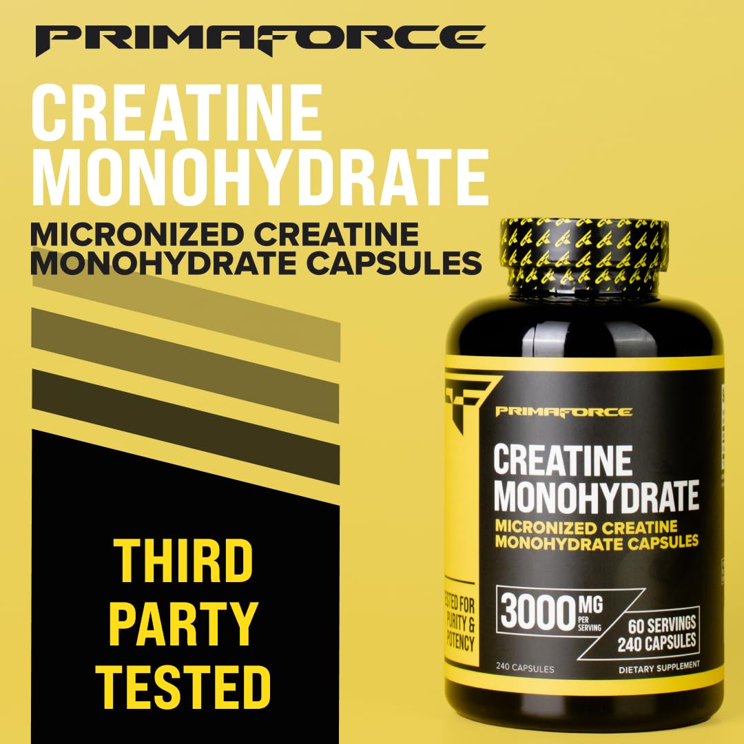 Primaforce Creatine Monohydrate en botella: dosis recomendada para sesiones intensas.
