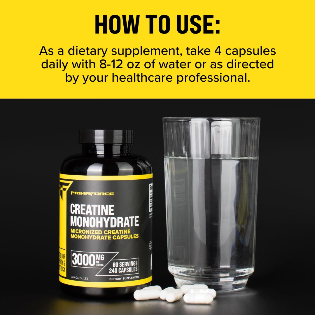 Primaforce Creatine Monohydrate Capsulas listas para tomar con agua, sin polvo.