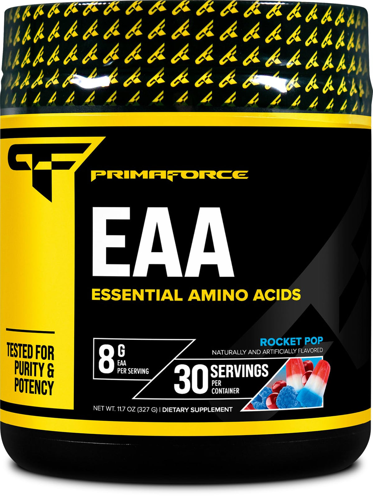 Primaforce EAA polvo frente al pote, apoyo para entrenamientos y recuperación muscular.