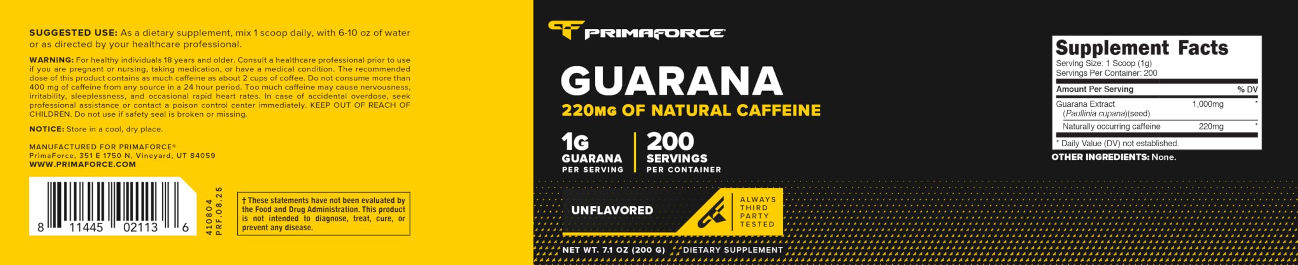 Primaforce Guaraná en polvo, etiqueta de calidad y control de pureza.