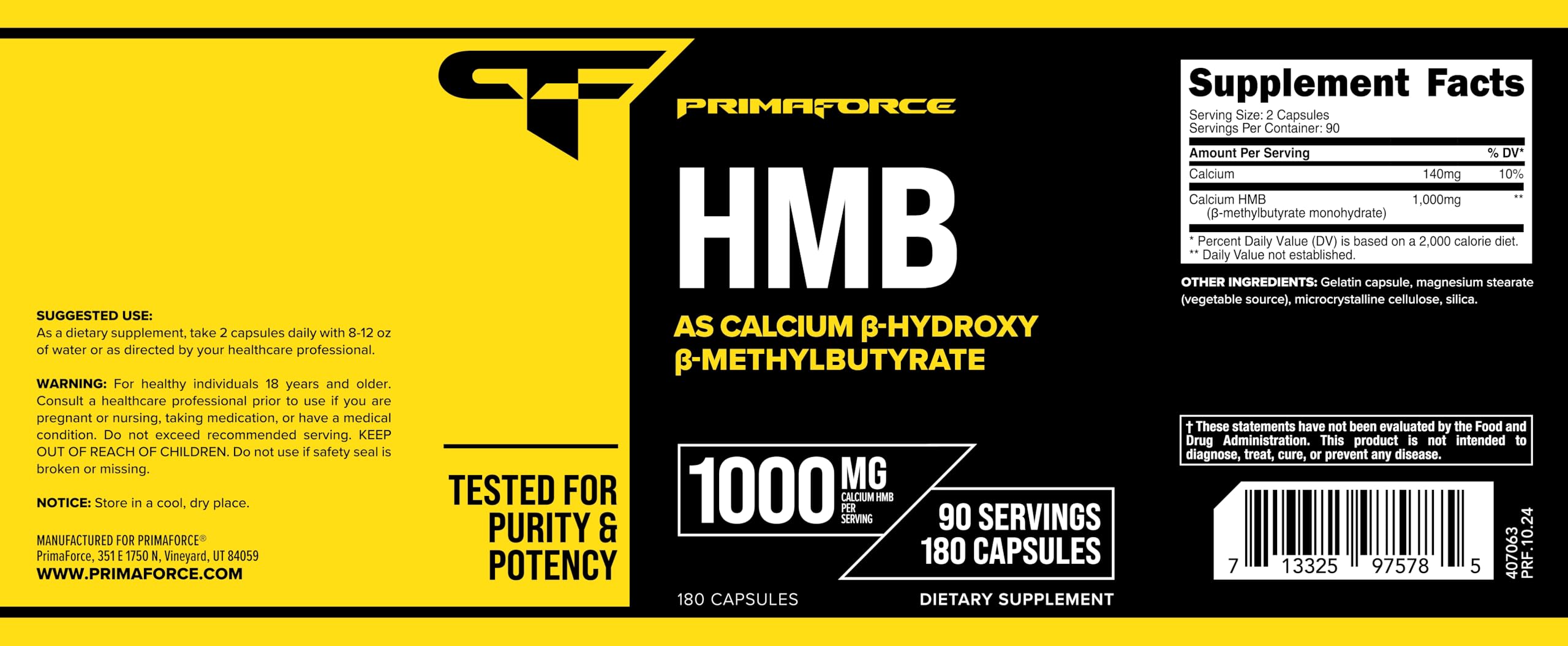 Primaforce HMB 1000 mg – etiqueta que certifica pureza y potencia para entrenamientos.