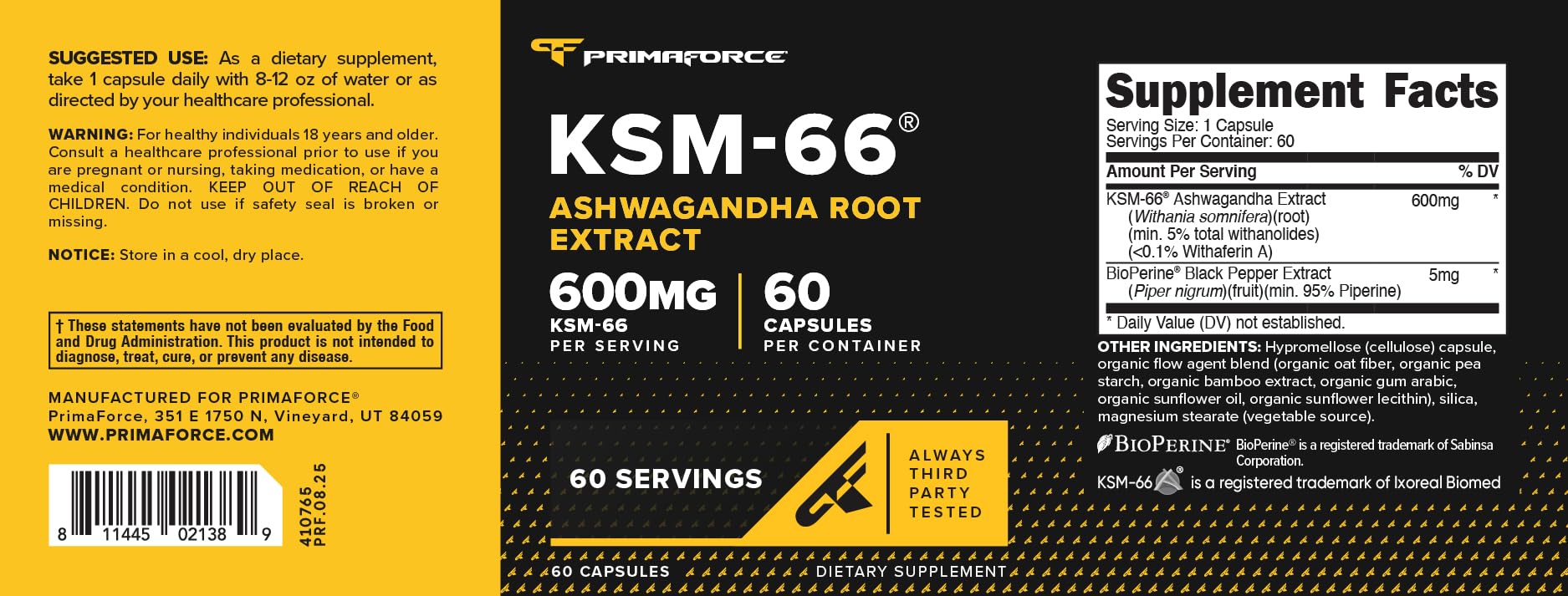 Primaforce KSM-66 Ashwagandha, pruebas de terceros ISO que respaldan la calidad.