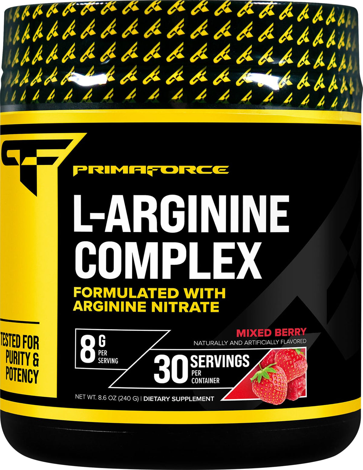 Primaforce L-Arginina Complex en botella, sabor bayas mixtas, ideal para entrenamientos.