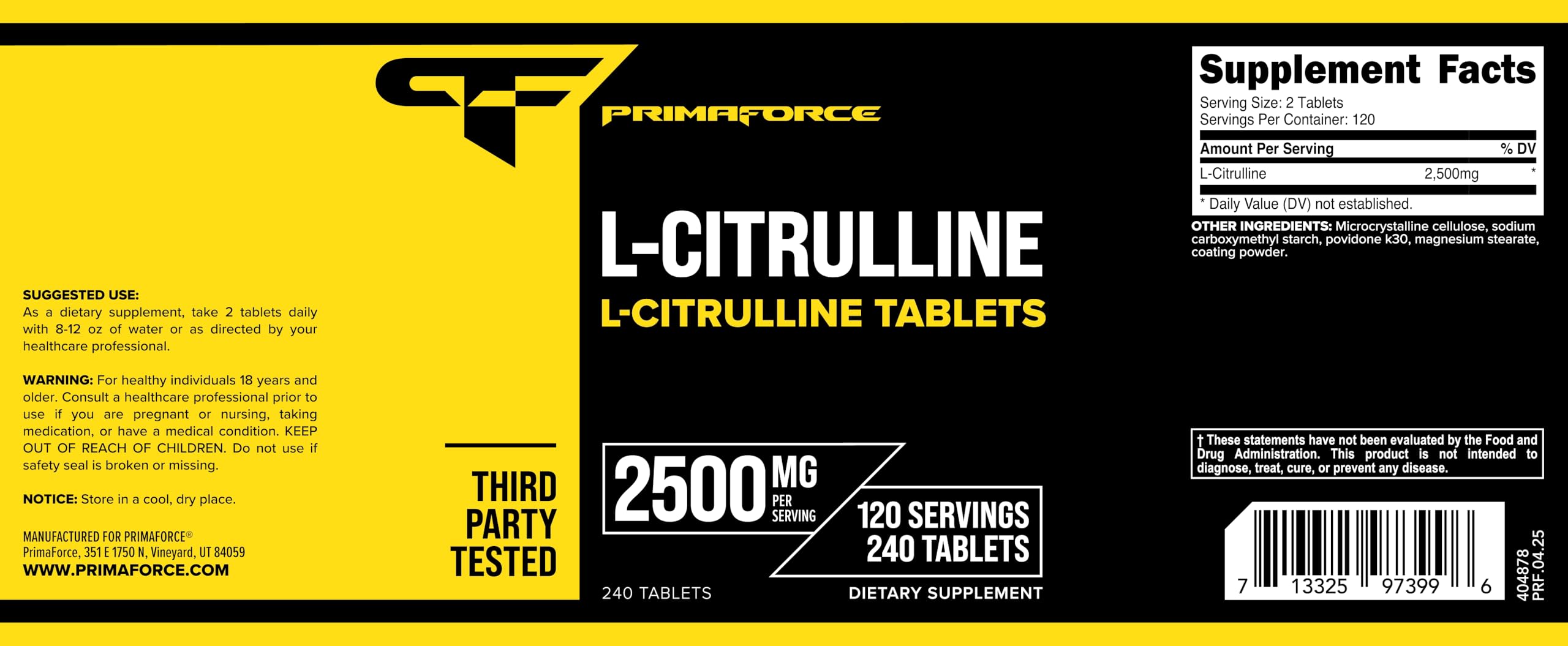 Primaforce L-Citrulina 2500mg, instalación GMP, producción segura.