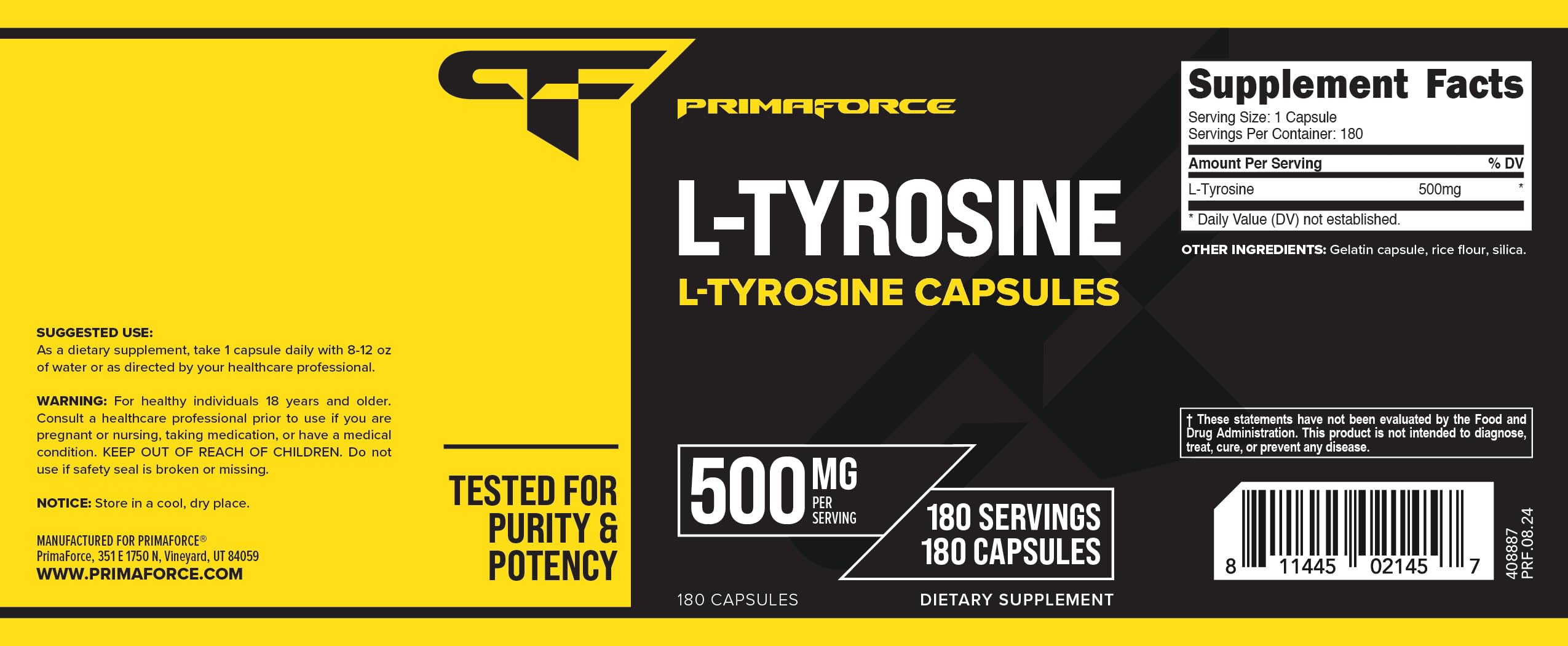 Primaforce L-Tirosina etiqueta, calidad y pruebas de terceros